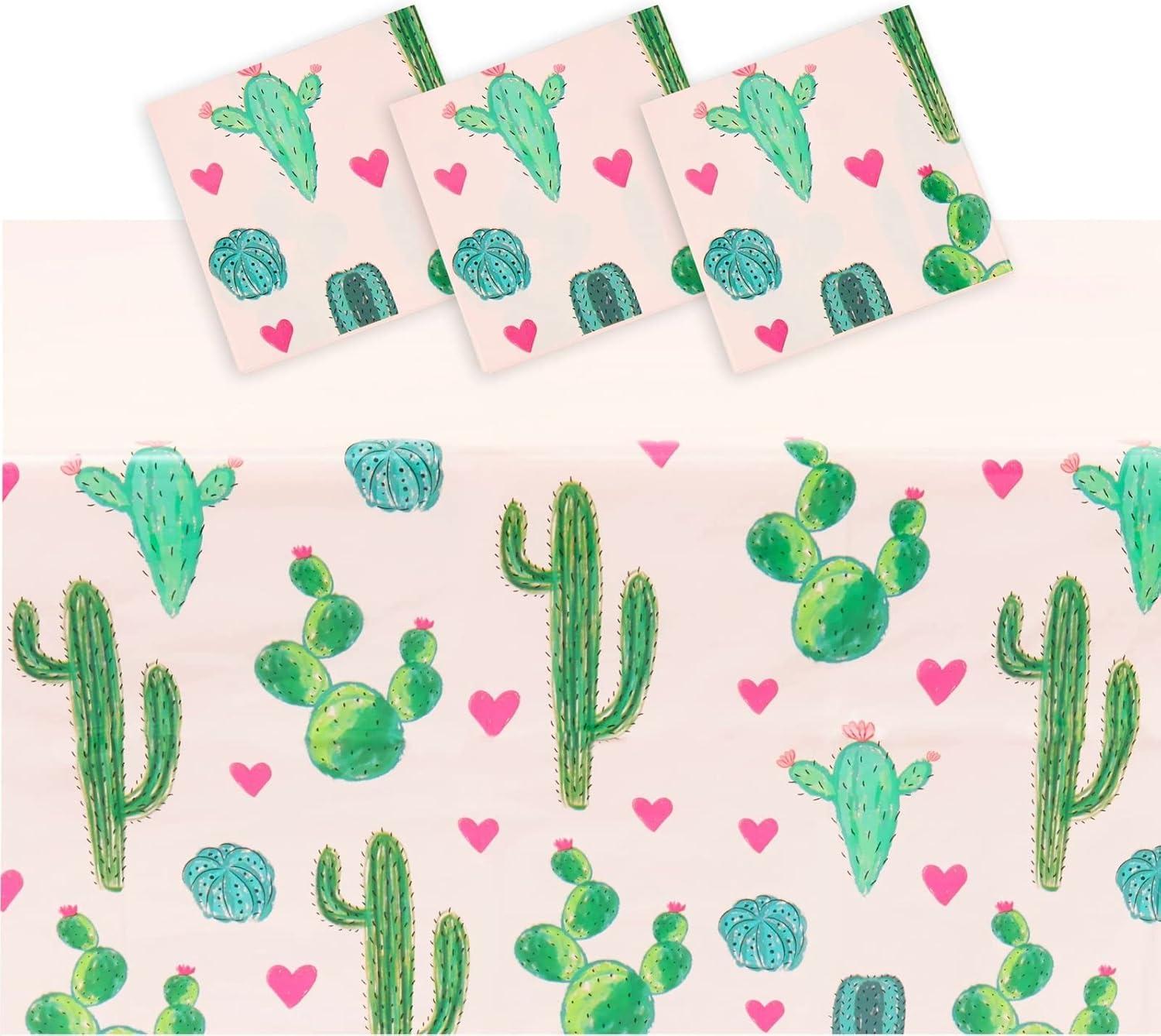 Sparkle and Bash 3 Pack Pink Plastic Cactus Tablecloth for Let's Fiesta Birthday Party Decorations, Baby Shower, 54x108 In