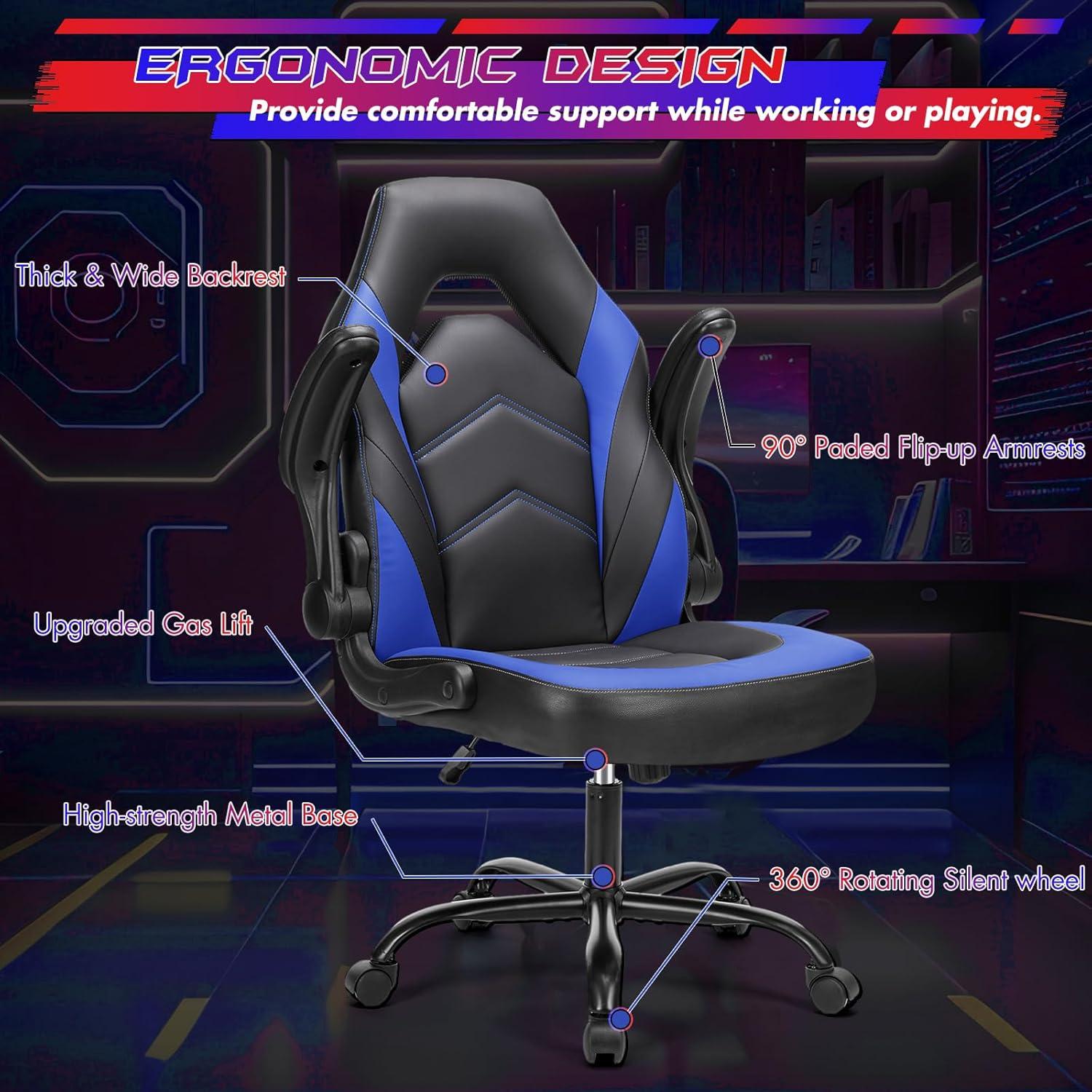 Black and Blue PU Leather Adjustable Gaming Chair with Flip-up Armrests