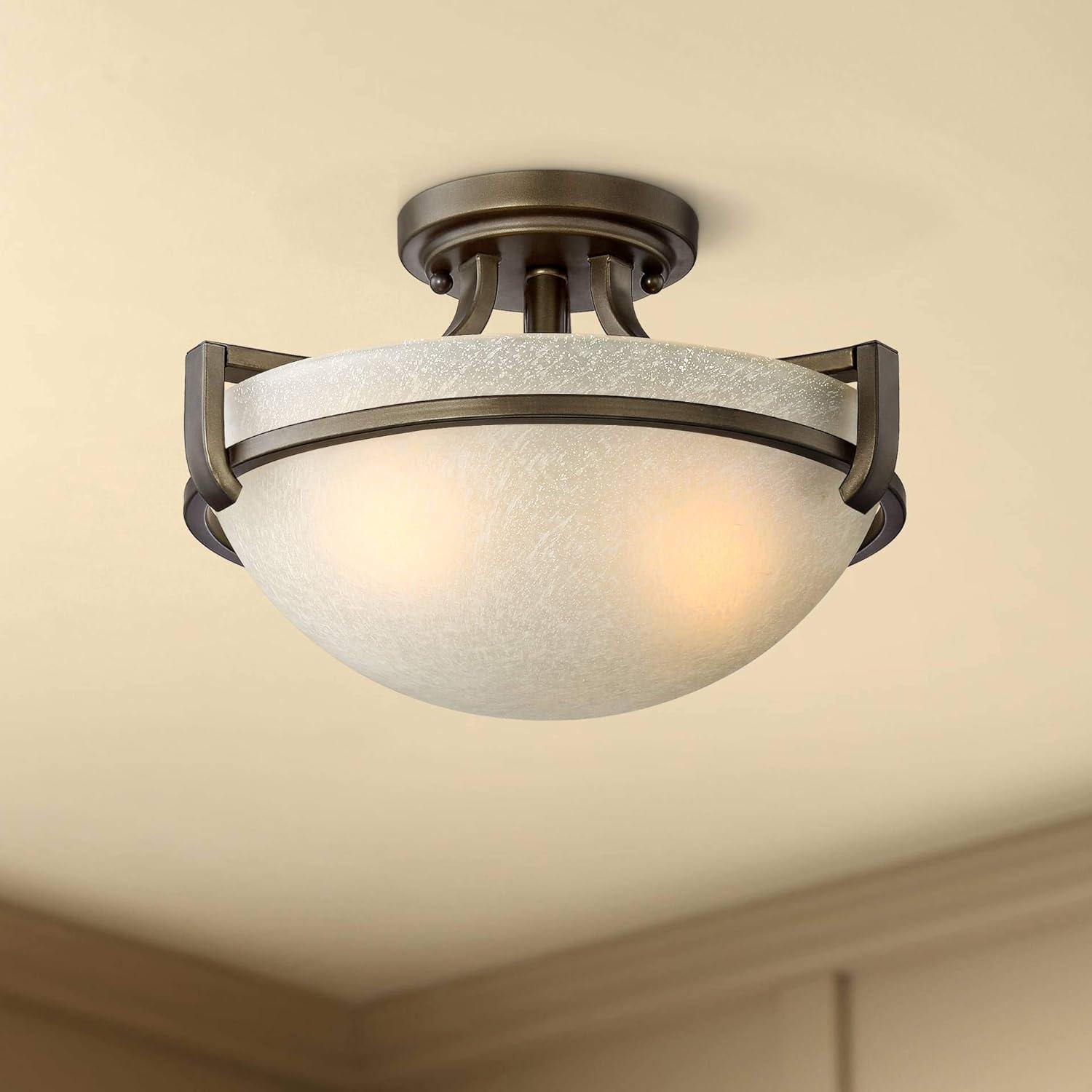 Regency Hill Mallot Modern Ceiling Light Semi Flush Mount Fixture 13" Wide Oil Rubbed Bronze 2-Light Champagne Crackle Glass Bowl Shade for Bedroom