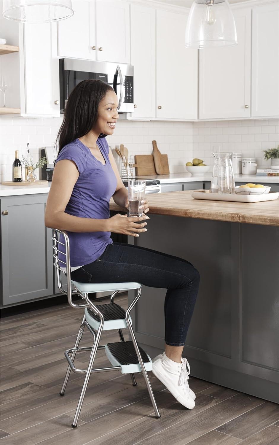 Stylaire Steel Retro Chair + Step Stool with Flip-Up Vinyl Seat