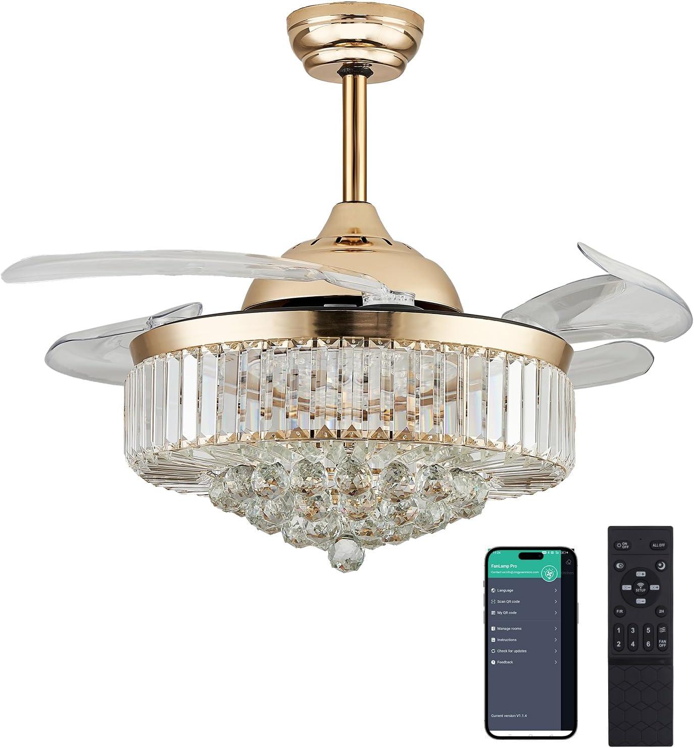 HOOMEDELIER 42" Chandelier Ceiling Fan with Remote, Crystal Beads Framed Fan with 4 Retractable Blades Smart Indoor Fandelier Fan