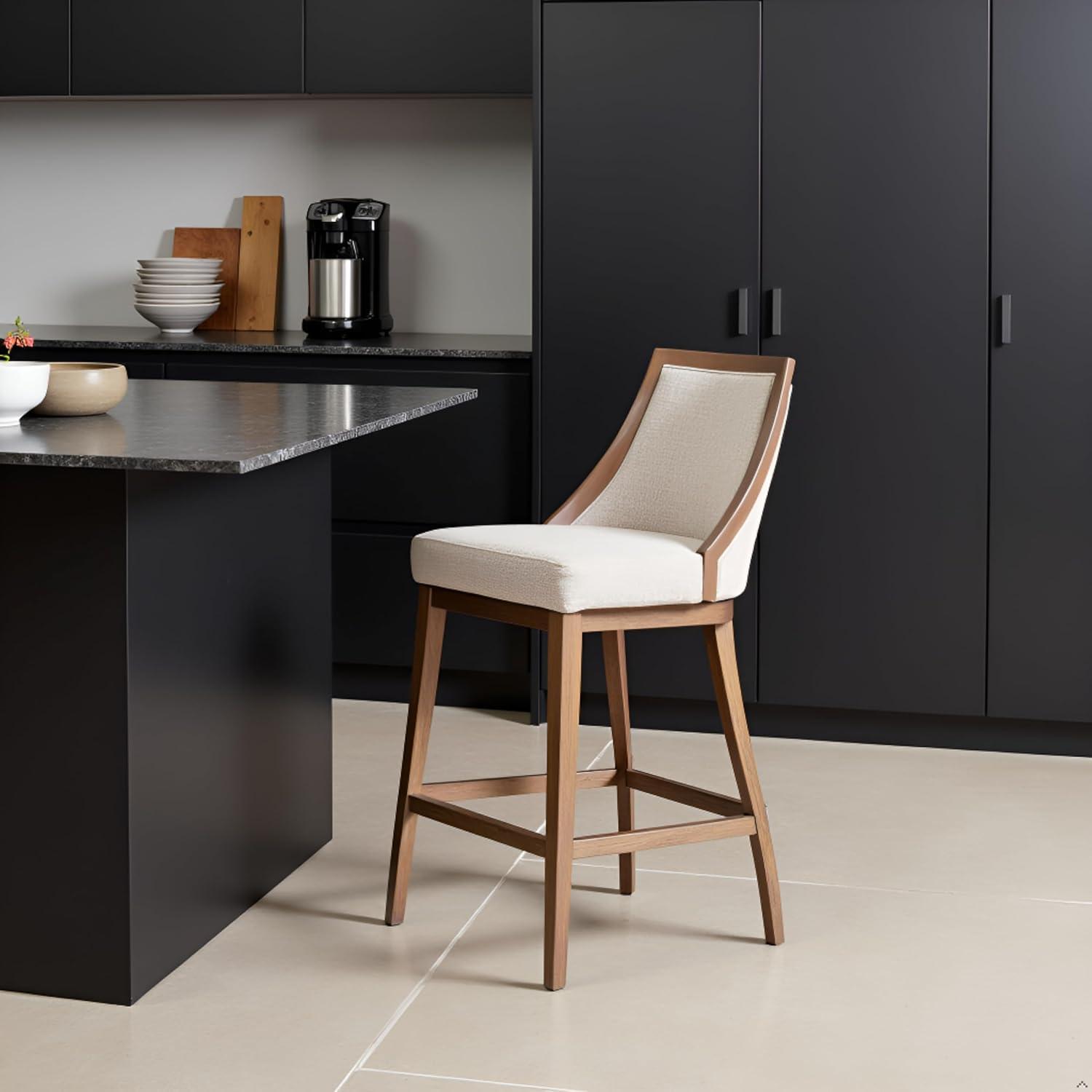 Alaterre Ellie Bar Height Stool, Back, Swivel Seat, Brown, Upholstered Padded Seat, Rubberwood Frame, Steel Memory Return Mechanism, Dimensions 19 in. W x 22 in. D x 46 in. H, Footrest, Metal Kick Plate