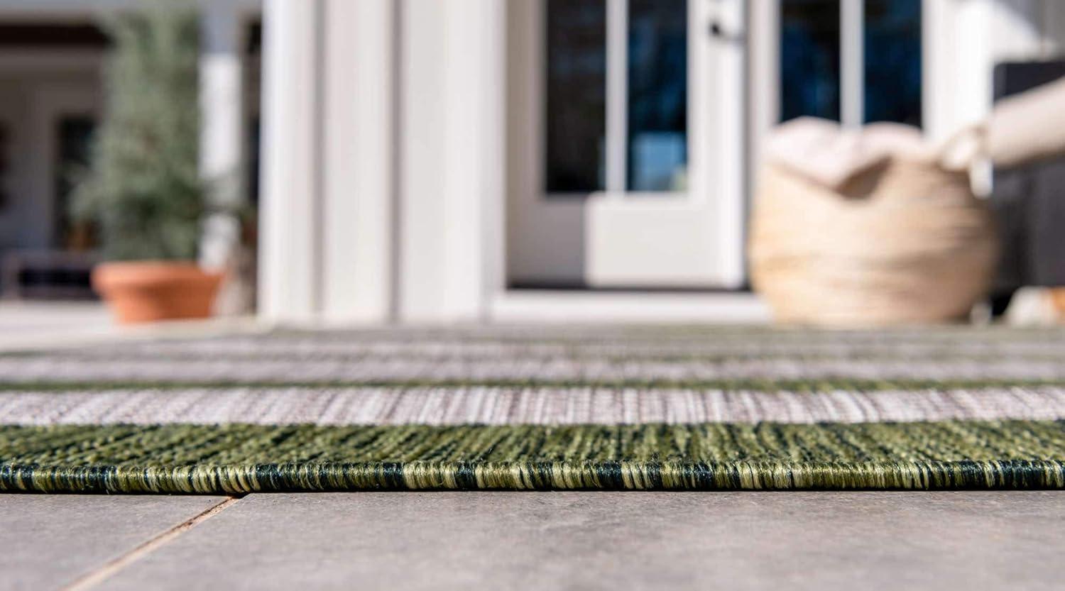 Green Stripe Easy-Care Synthetic Outdoor Area Rug 9' x 12'