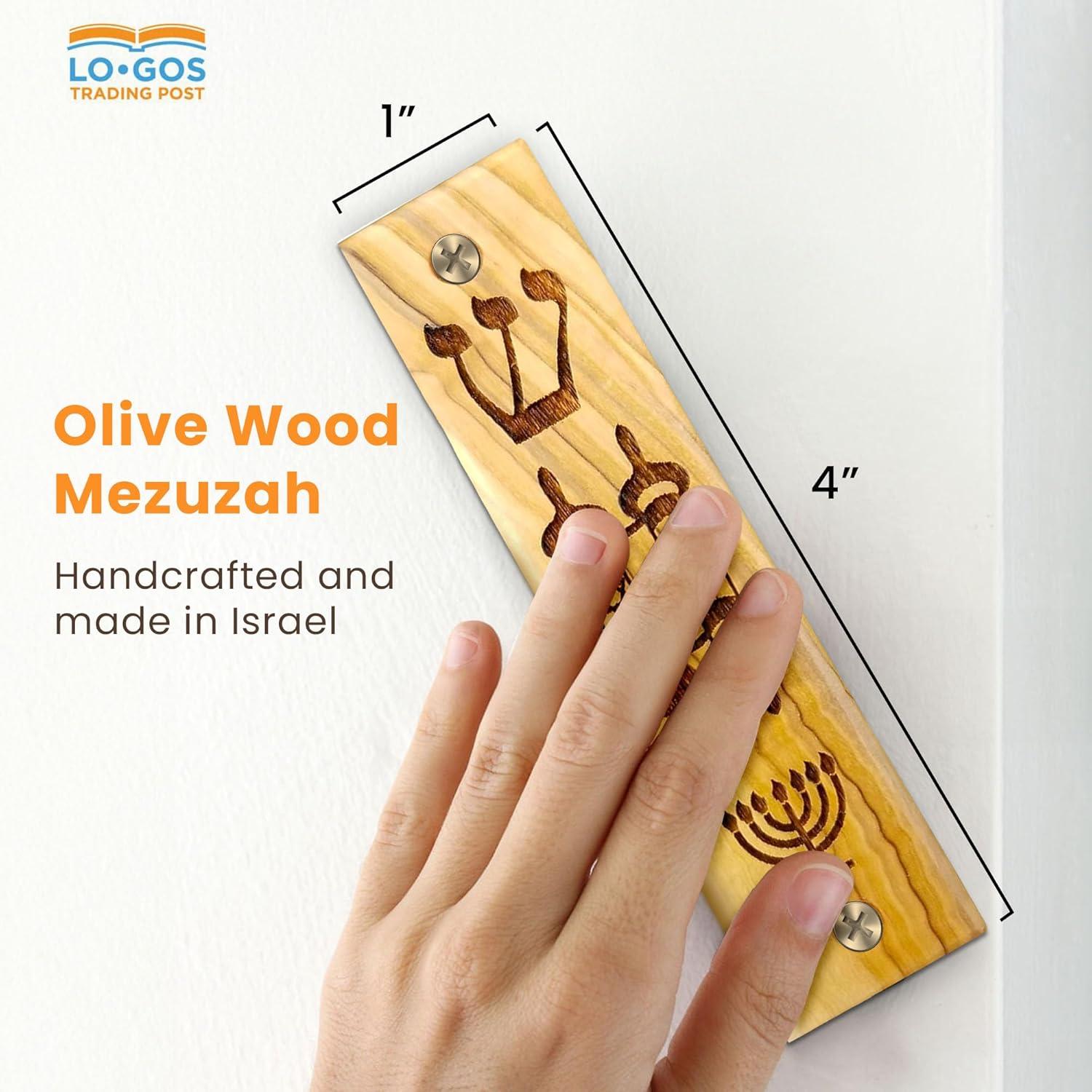 Shema, Torah Scroll, Menorah Olive Wood Mezuzah