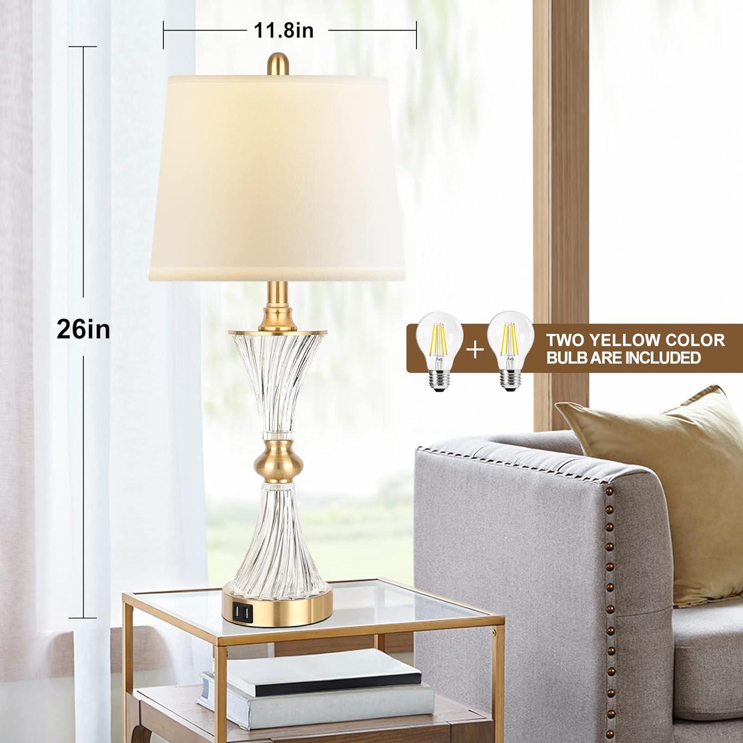 Touch Control Dimmable Table Lamps for Bedrooms, 3-Way Gold Crystal Bedside Lamp with USB Ports, Set of 2 Contemporary End Table Lamps with White Drum Shade for Living Room Reading, LED Bulbs Included