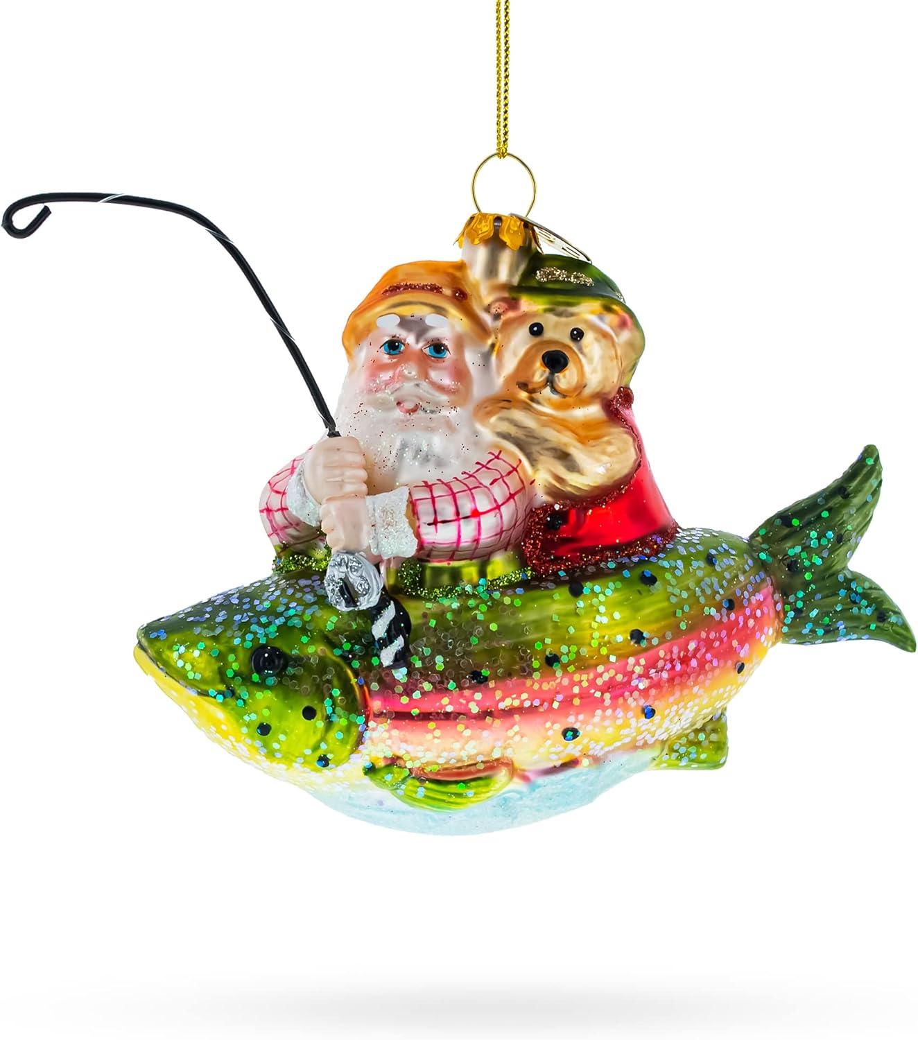 Santa Fishing on Boat Blown Glass Christmas Ornament