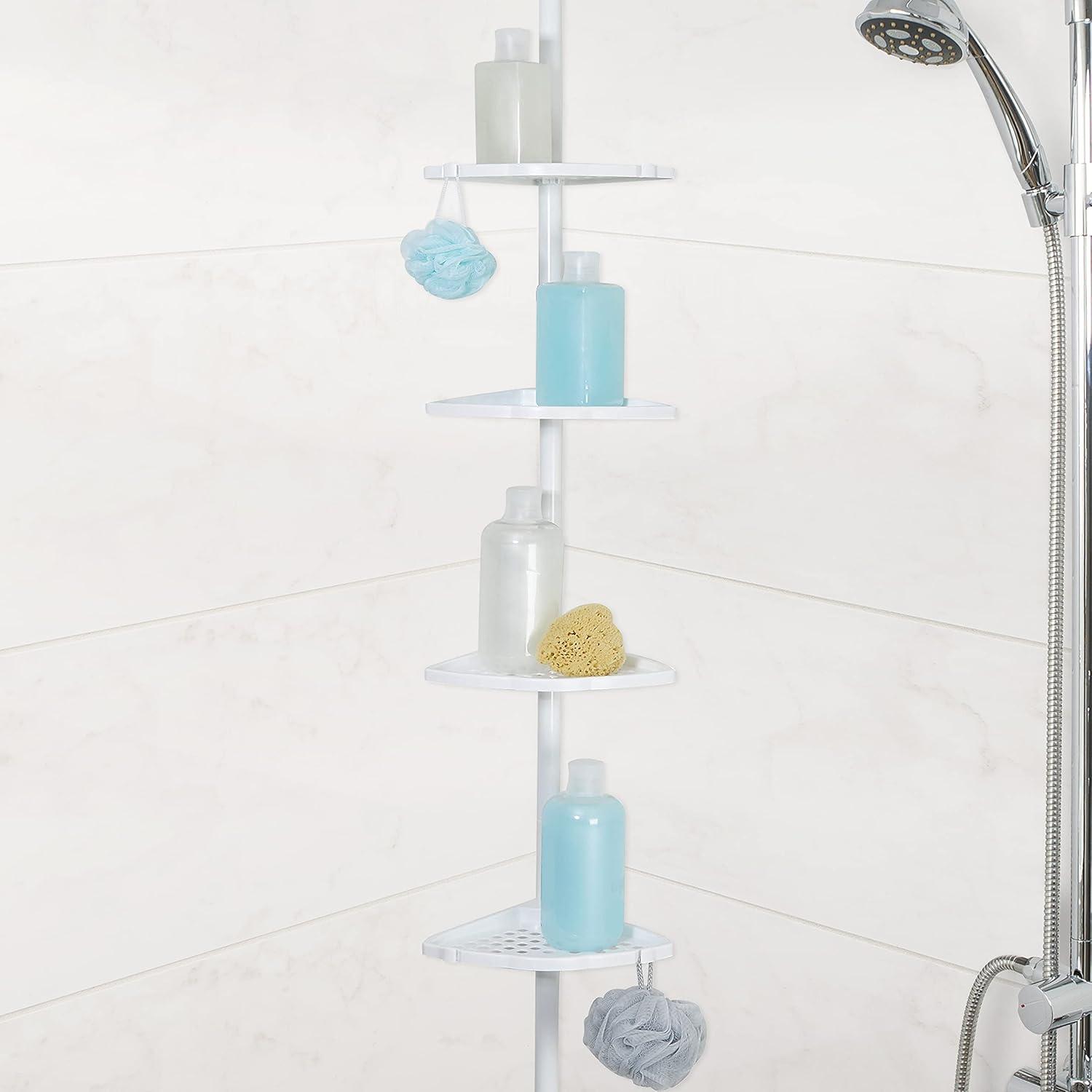 White Metal Tension Mount Shower Corner Shelf