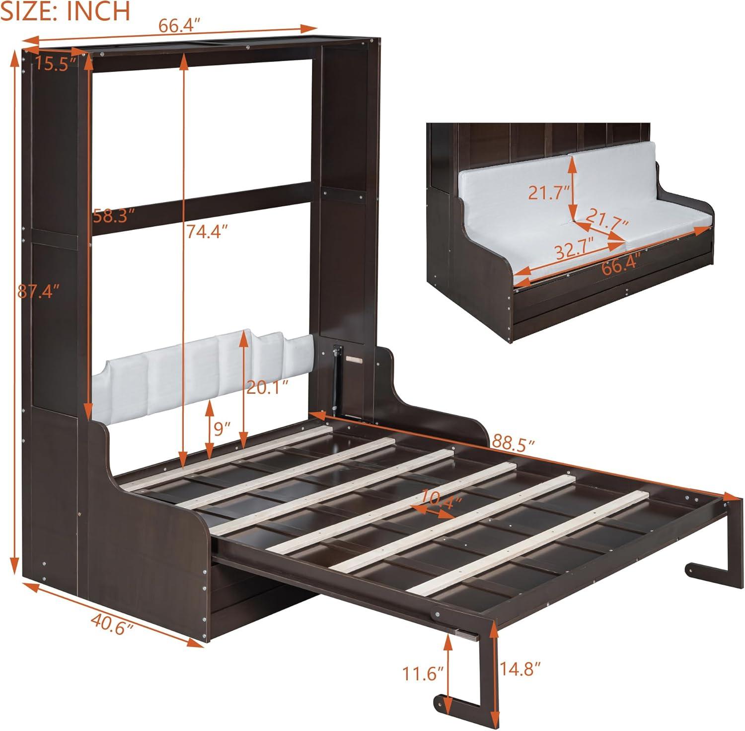 Harper & Bright Designs Queen Size Murphy Bed Chest with Upholstered Headboard, Espresso Wood Wall Bed Cabinet with Cushion Seat, Foldable for Guest Room Home Office