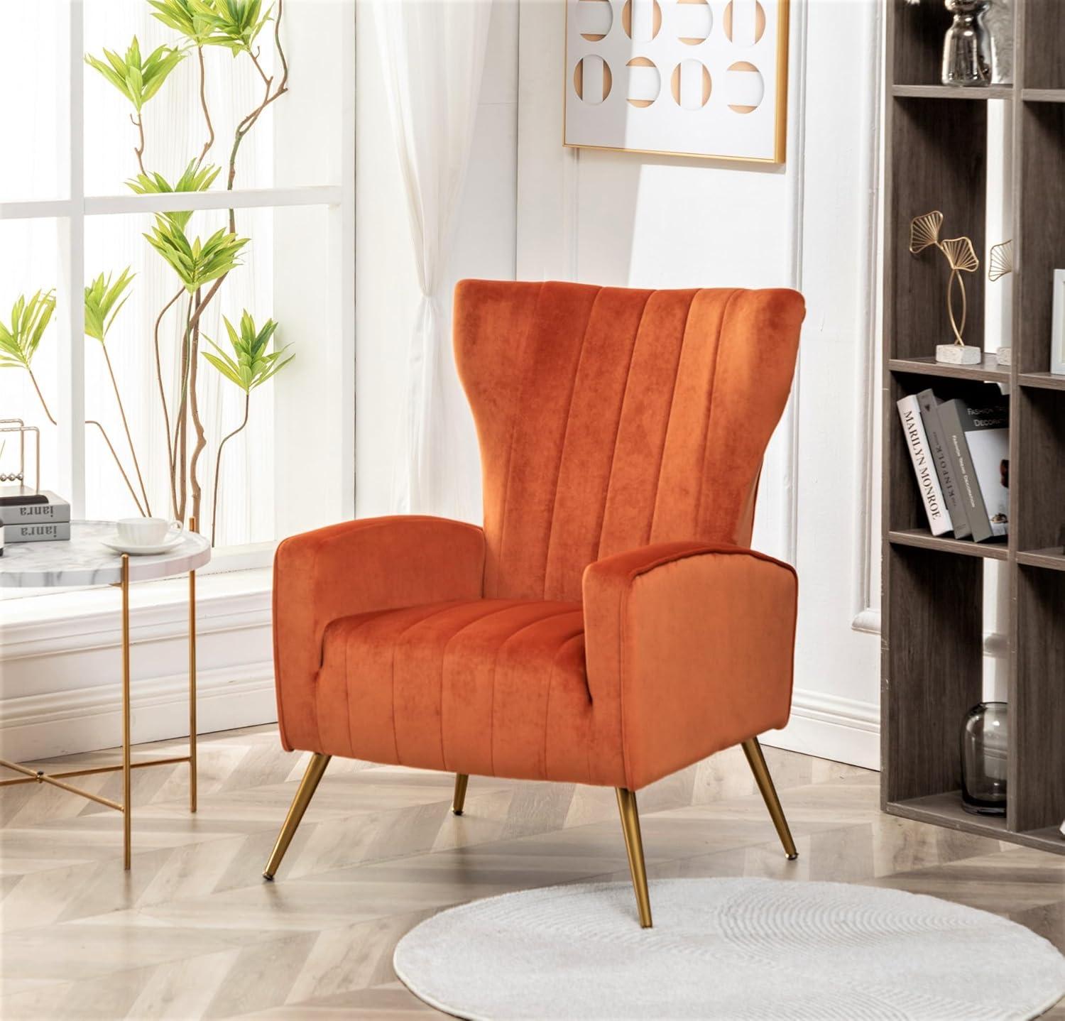 Orange Red Velvet Barrel Armchair with Wood Frame