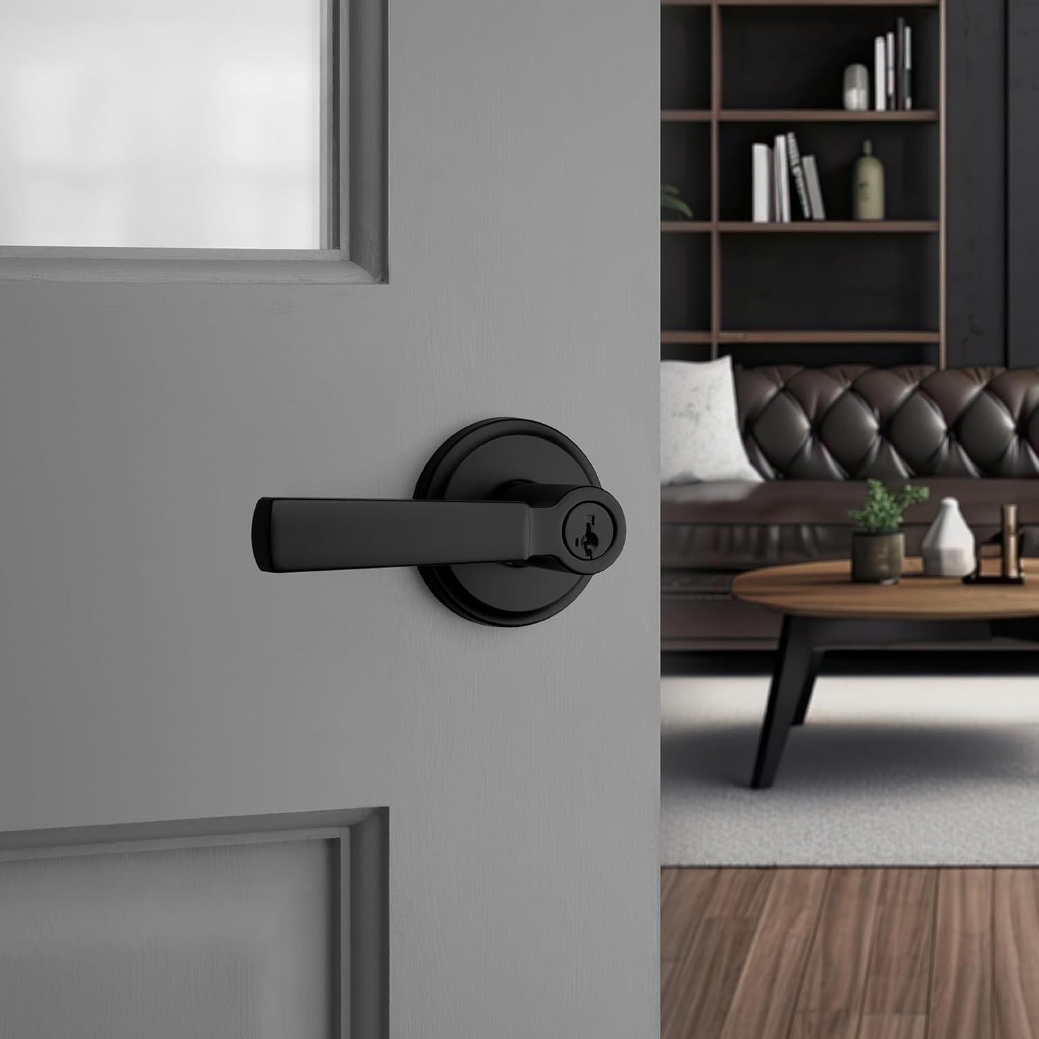 Matte Black Transitional Keyed Entry Door Lever with Round Rosette