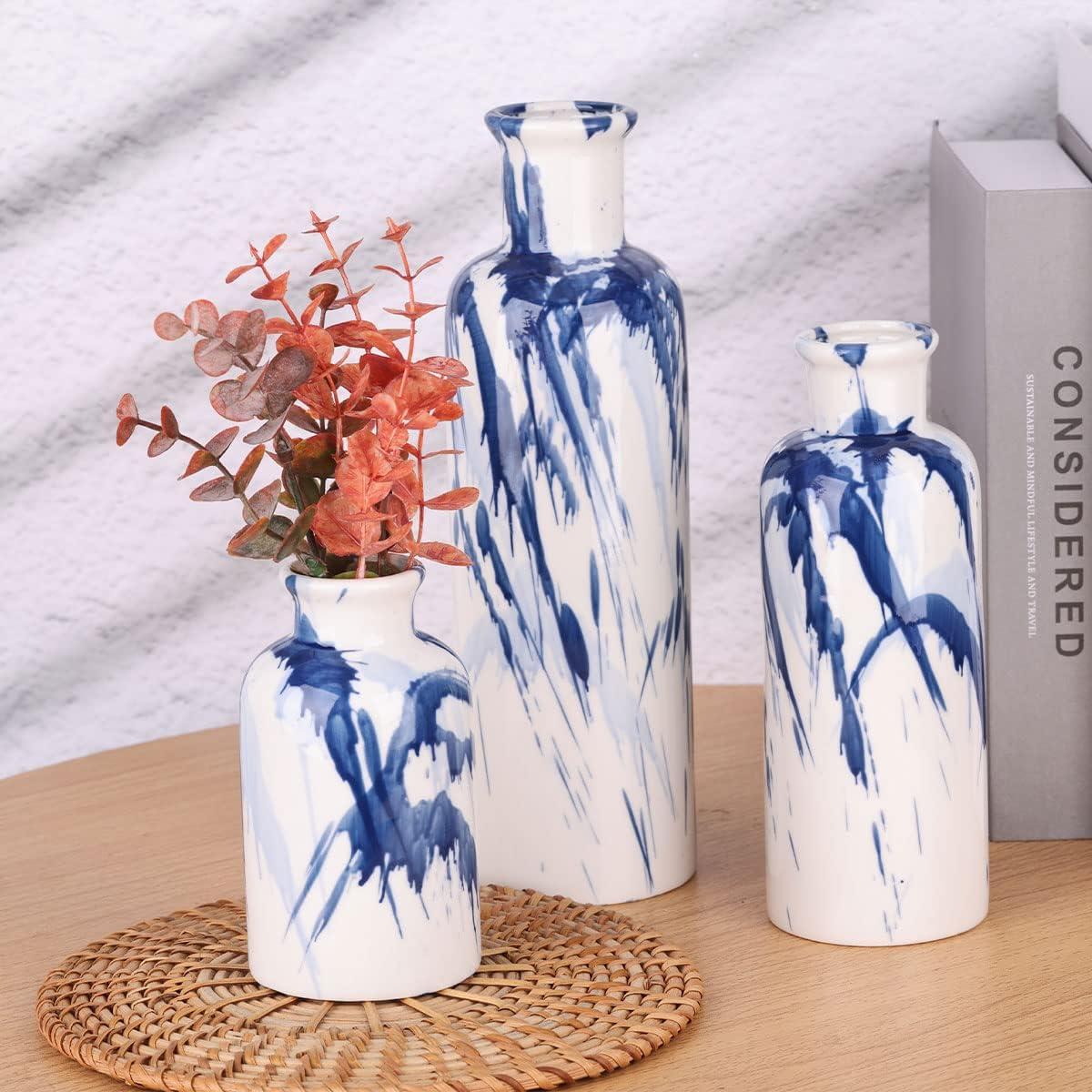 Orren Ellis Blue Ceramic Vase Set Of 3 - Decorative Navy Blue And White Vase For Centerpieces, Farmhouse And Home Decor - Ideal For Living Room, Kitchen, Bedroom, Dining Table And Office Decor