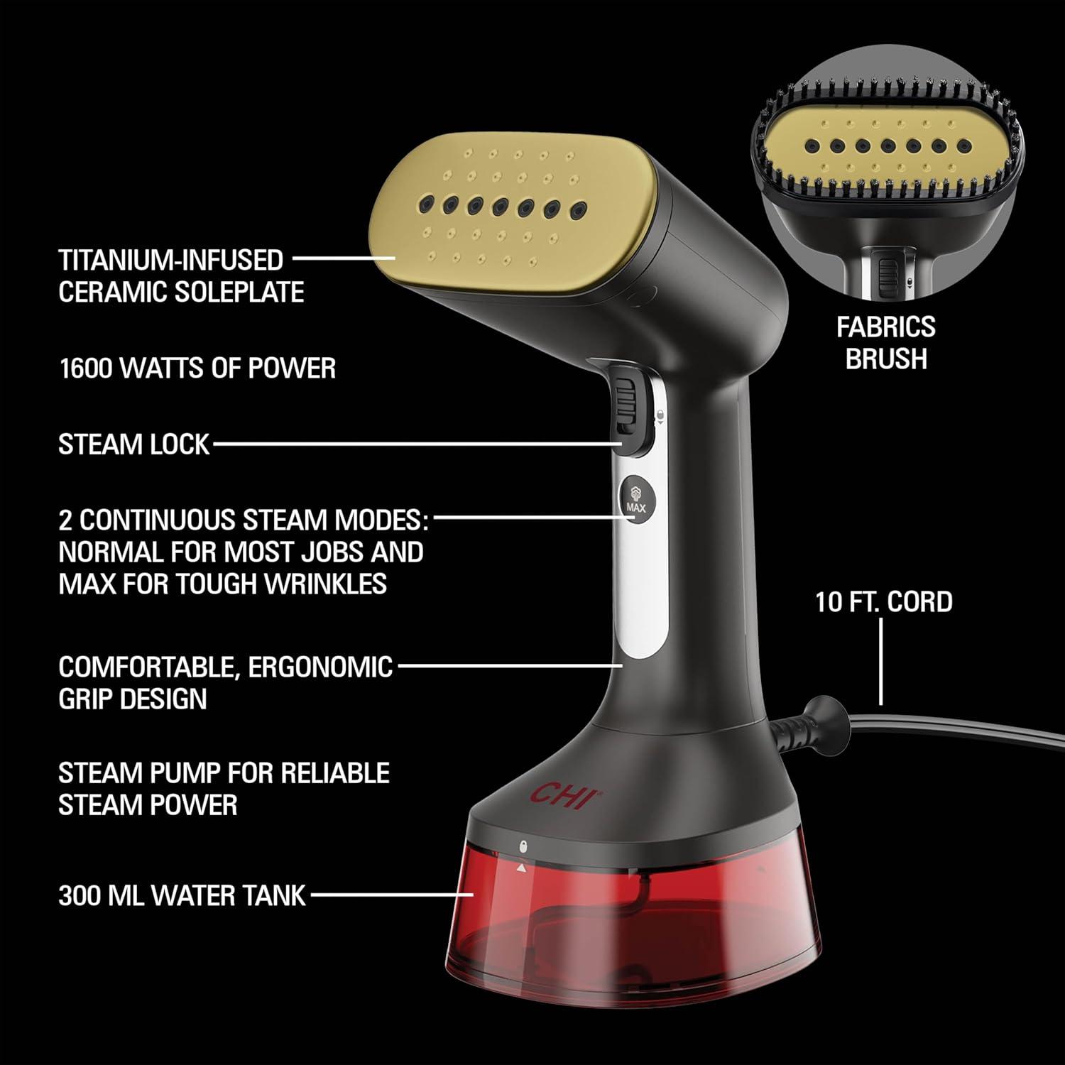 Handheld Garment Steamer for Clothes, 2 Continuous Steam Modes, Full-Size 300 ml Capacity Water Tank, Ergonomic Handle, Vacation Essentials, 1600 Watts, 10’ Cord, Red (11590)