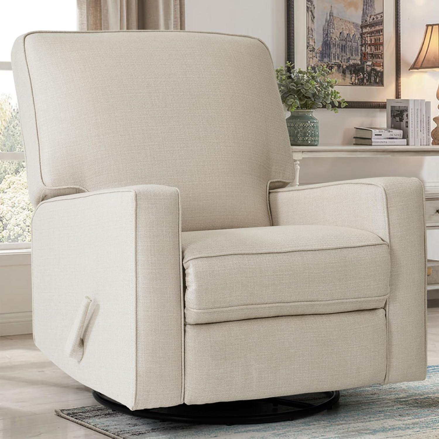 Beige Linen Swivel Recliner Armchair with High Back