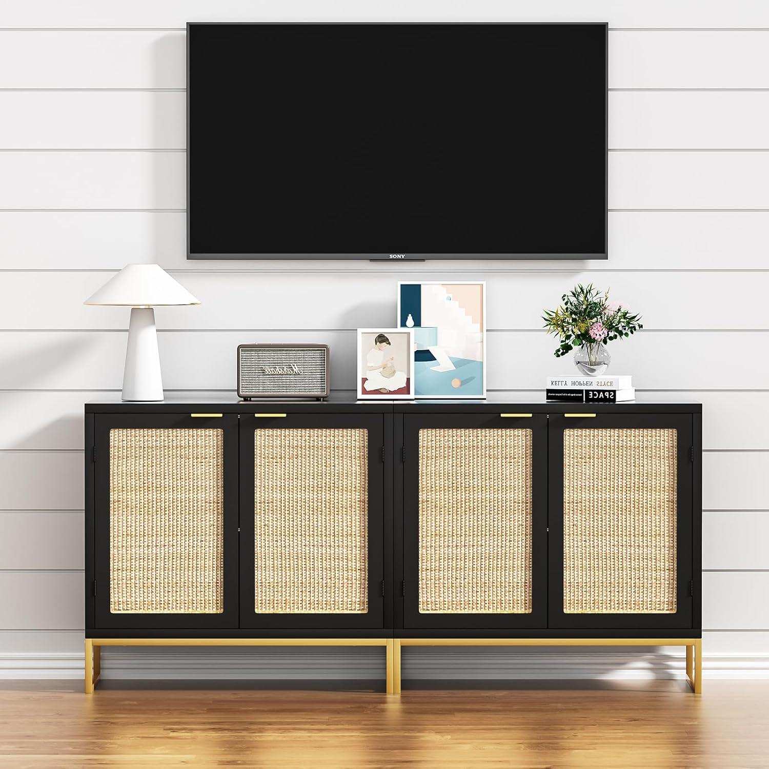 Anmytek  Mid-Century Modern 2-Door Black Buffet Sideboard Accent Storage Cabinet with Adjustable Shelves