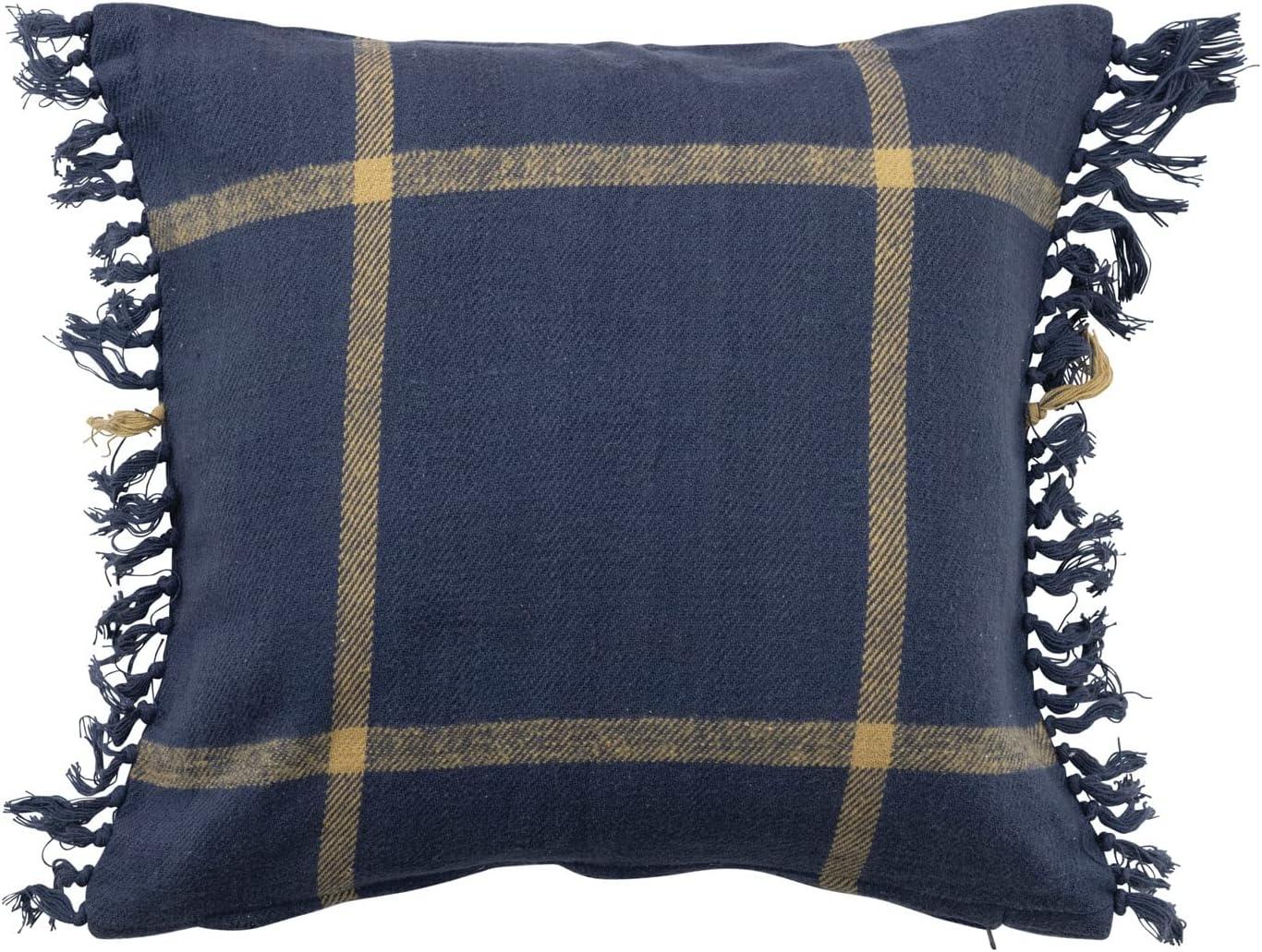 Blue Cotton Flannel Plaid Fringe Throw Pillow, 18" Square