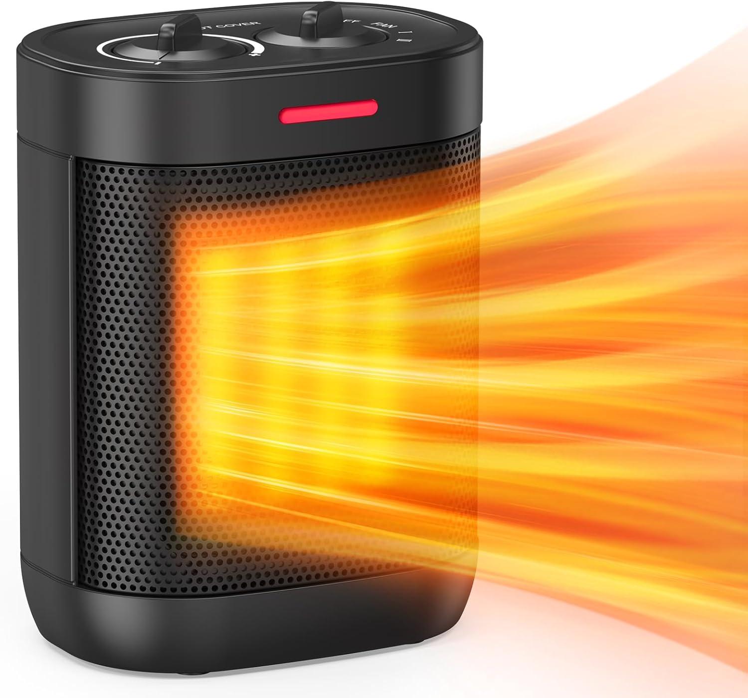 Small Space Heater for Indoor Use, PTC Electric Heater for Bedroom, 1000W Fast Heating with Thermostat, Overheating & Tip-Over Protection, Portable Small Heater