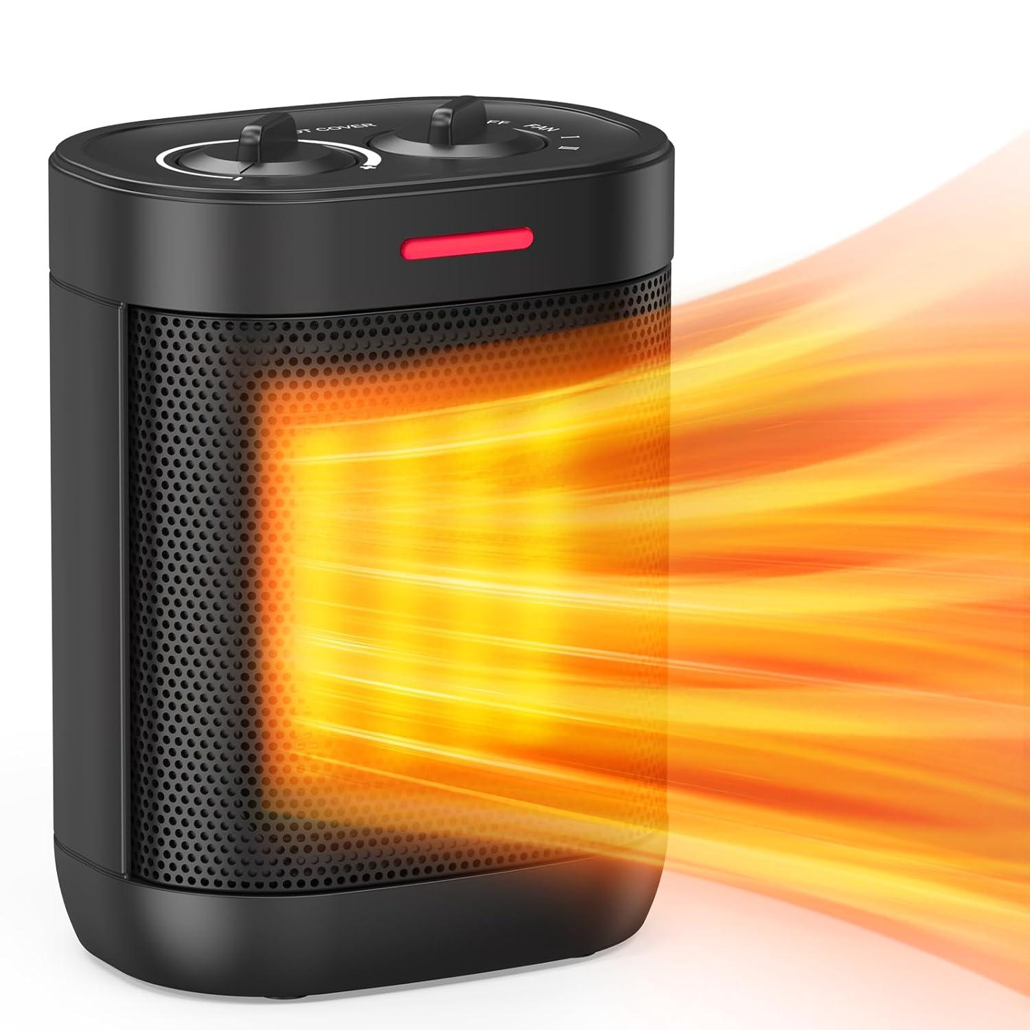 Small Space Heater for Indoor Use, PTC Electric Heater for Bedroom, 1000W Fast Heating with Thermostat, Overheating & Tip-Over Protection, Portable Small Heater