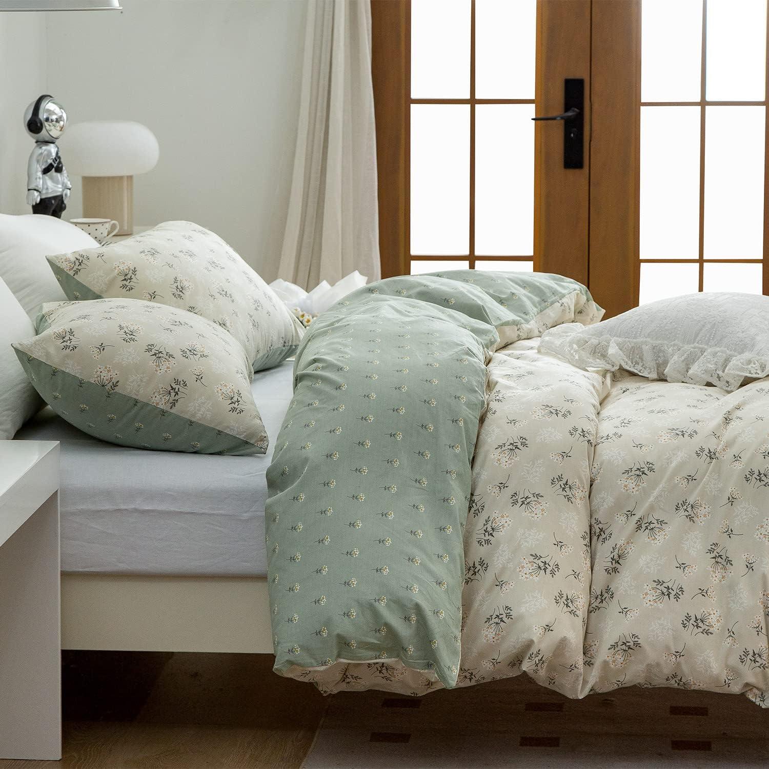 Floral Comforter Set King 3 Pieces Soft Chic Garden Style Green Floral Print Lightweight Botanical Flower Comforter Set for All Seasons 1 Comforter and 2 Pillowcases