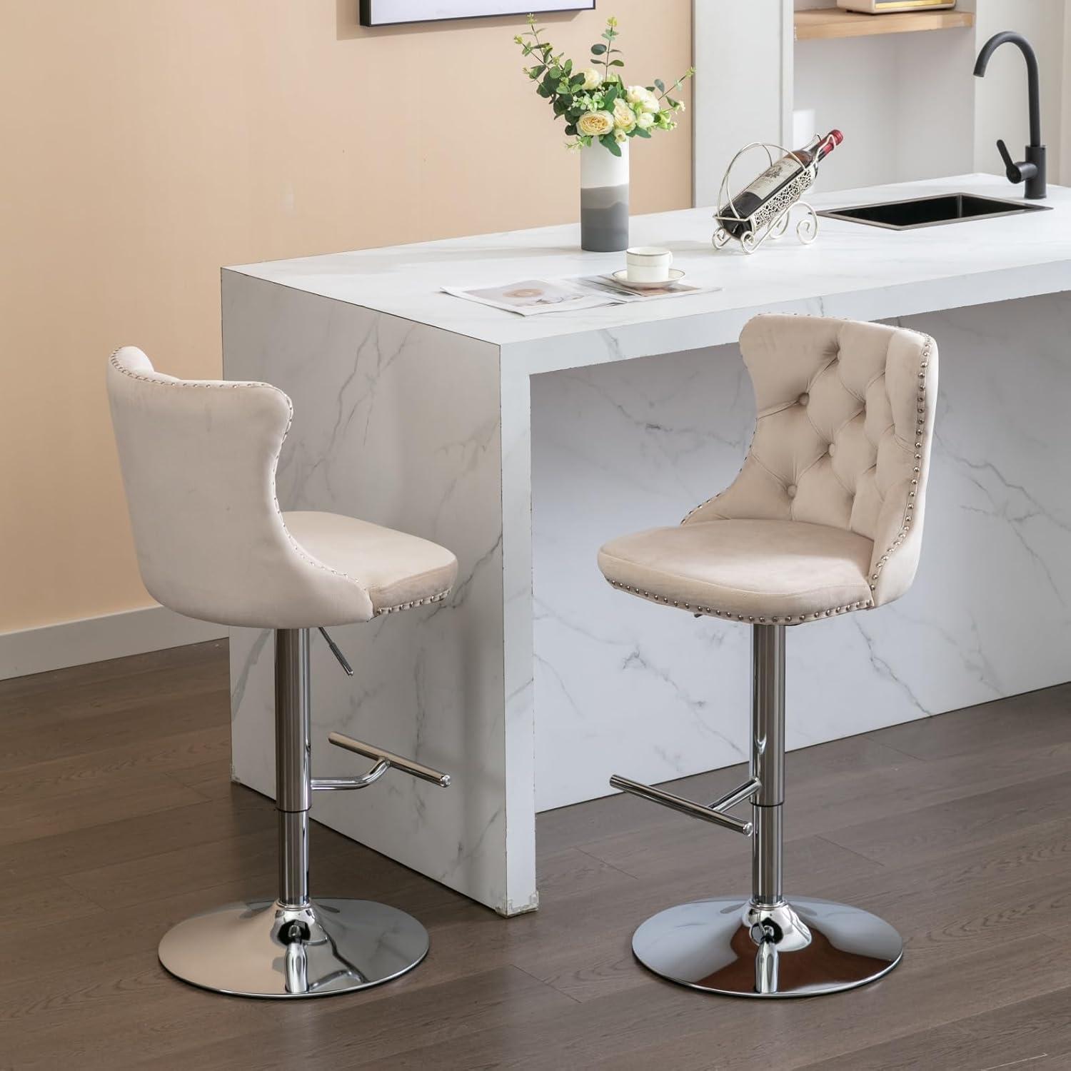 Swivel Bar Stools Set of 2, Height Adjustable Dining Chairs with Rivets, Button Tufted Back and Metal Footrest, Velvet Upholstered Side Chairs, Armless Chairs for Dining Room Bar Kitchen Island