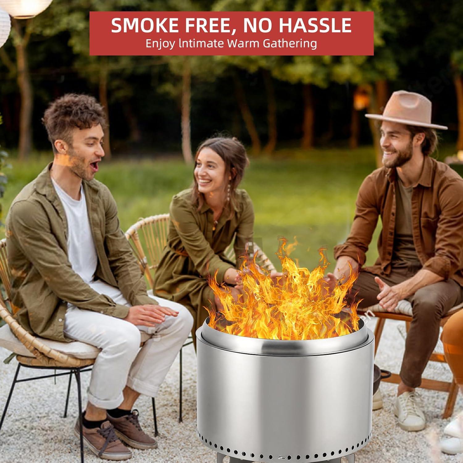 WhizMax 20.5" Stainless Steel Smokeless Outdoor Fire Pit with Stand & Firehook,Double Wall Design, Removable Ash Pan for Bonfire, Camping, Picnic, Family Gatherings