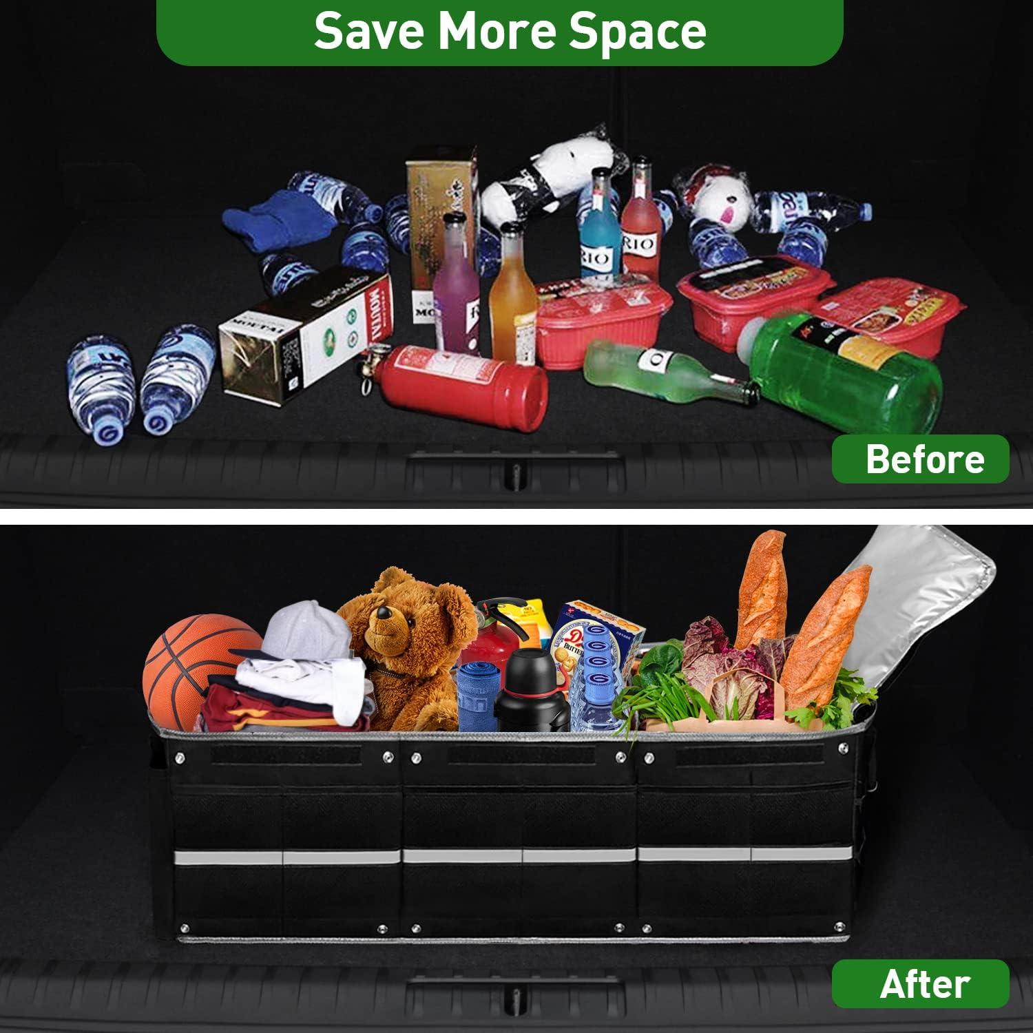 Car Trunk Organizer,115L Heavy Duty Collapsible Trunk Storage, with Insulated Leakproof Cooler Bag Vehicle Cargo Organizer with Lid, 3 Compartments, Straps For Car,Suv,Jeep,Sedan-Black