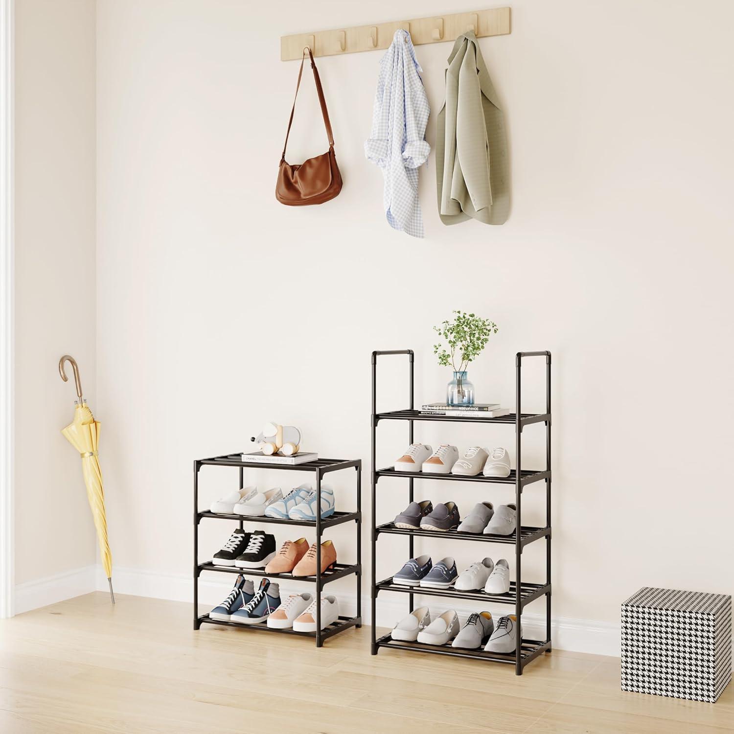 4 Tier Small Shoe Rack, Narrow Stackable Kids Toddler Adult Shoe Storage Organizer Shelf for Closet Floor Entryway Bedroom, Space Saver Shoe Rack Organization Shelves