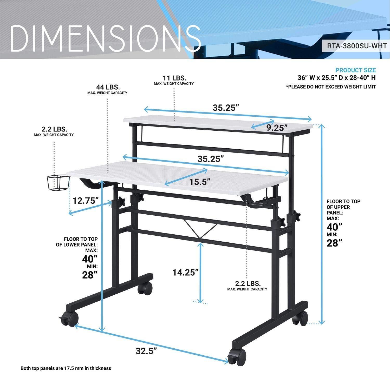 Rolling Writing Desk with Height Adjustable Desktop and Moveable Shelf White - Techni Mobili: Locking Casters, Open Storage