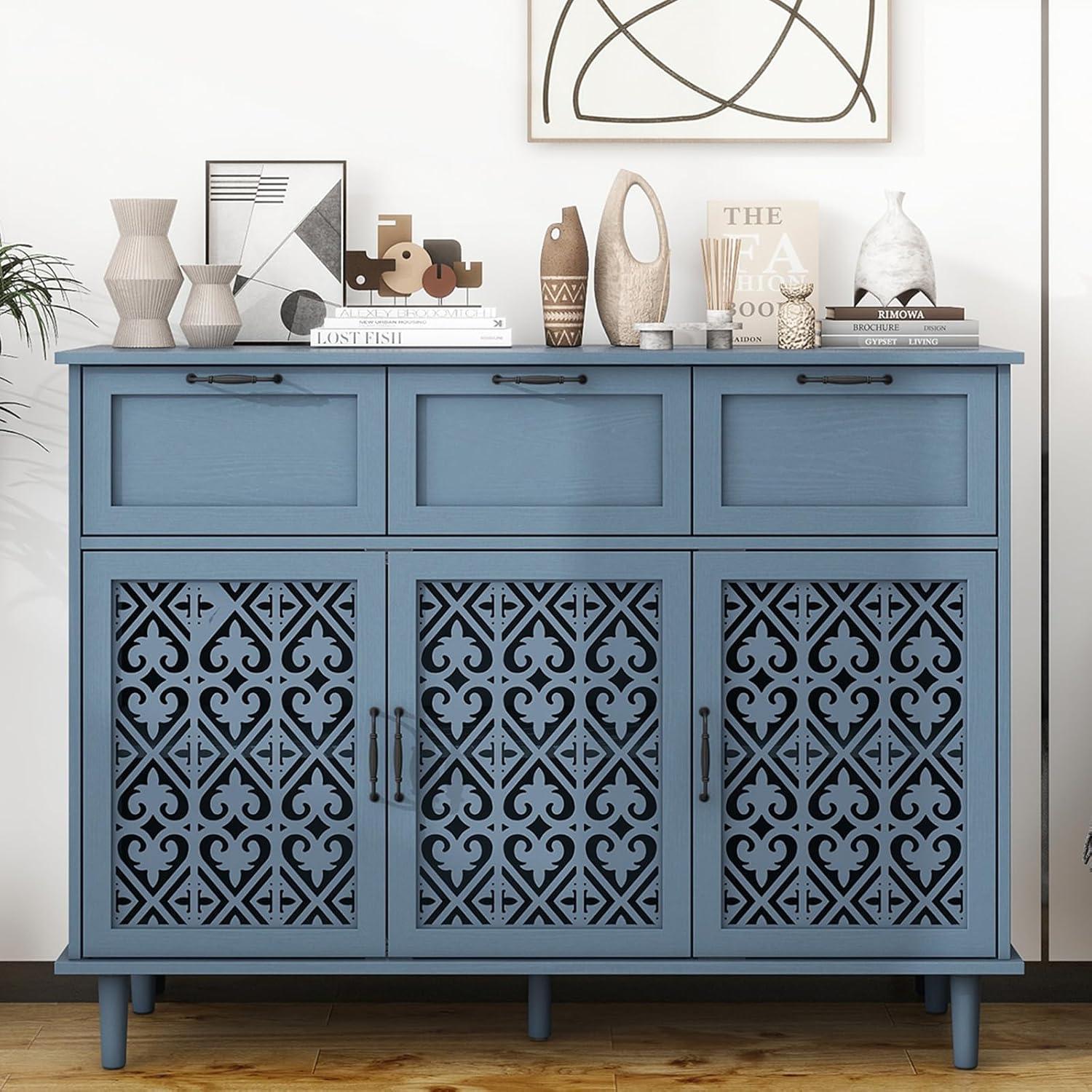 Sideboard Buffet Cabinet with Storage - American Furniture Cabinet, Accent Storage Console Table with Carved Pattern, Farmhouse Wood Credenza for Study Room, Entryway, Dining Room, Kitchen