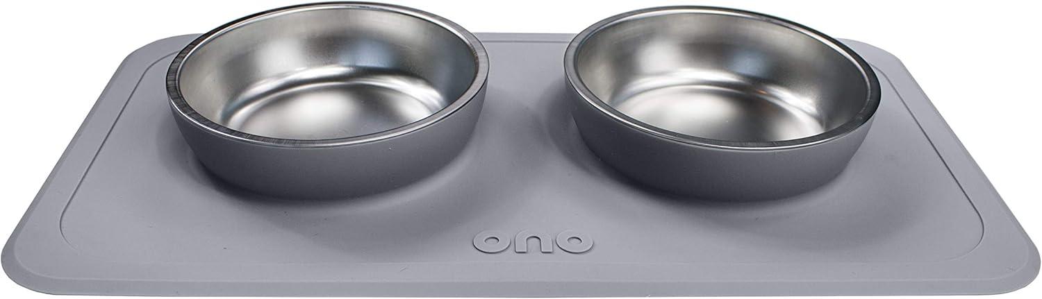 Ono Good Bowl Food & Water Double Feeder - Small to Medium Pets No Spill Non Skid Silicone Mat & Stainless Steel Bowl for Dogs or Cats (Charcoal)