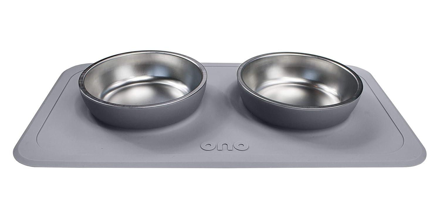 Ono Good Bowl Food & Water Double Feeder - Small to Medium Pets No Spill Non Skid Silicone Mat & Stainless Steel Bowl for Dogs or Cats (Charcoal)