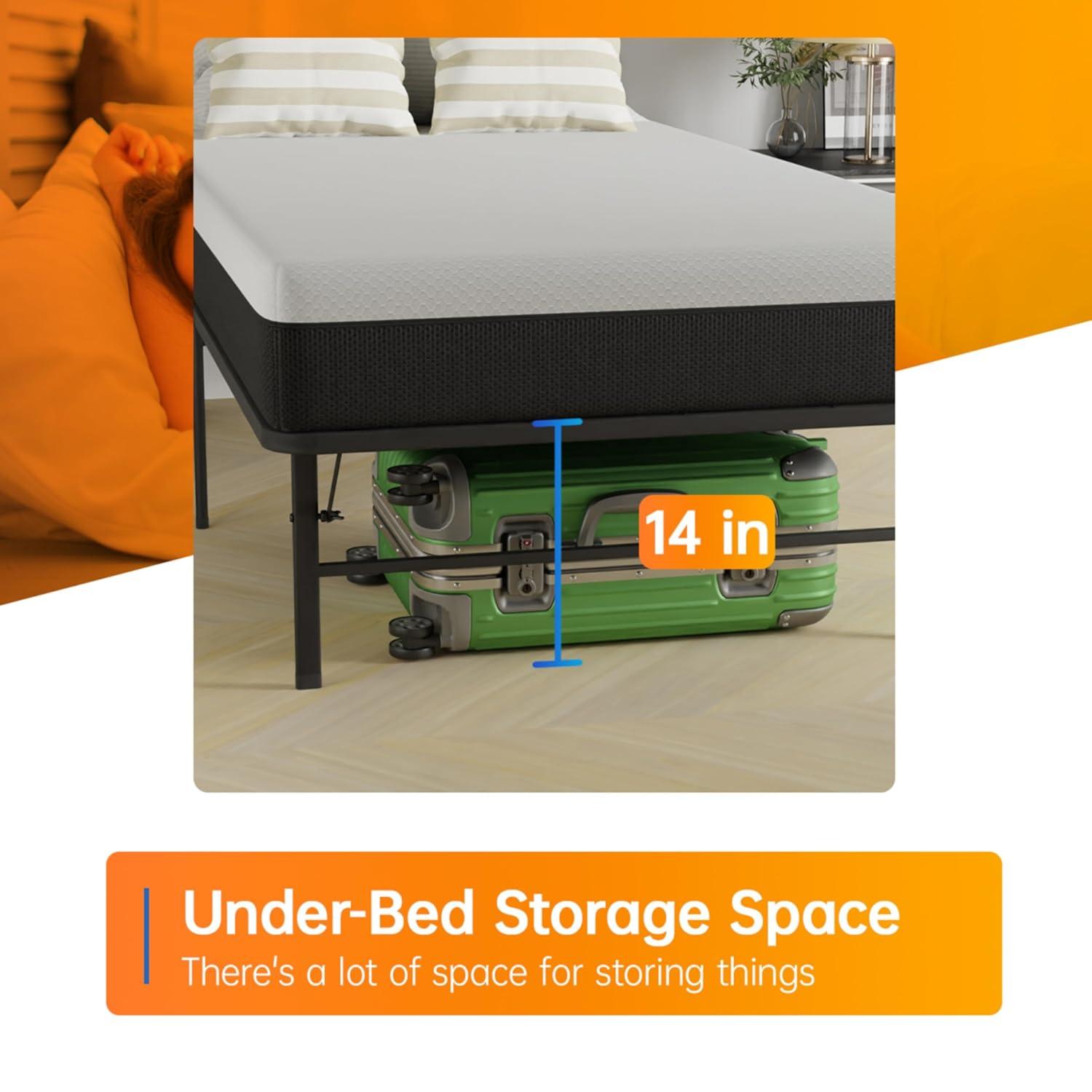 24/7 Shop at Home Aiso 14 Inch Metal Foldable Bed Frame Full Size, No Box Spring Required, Heavy Duty Bedframe with Storage Space Underneath, Sturdy and Non-Slip Slats Platform, Easy Assembly, Black