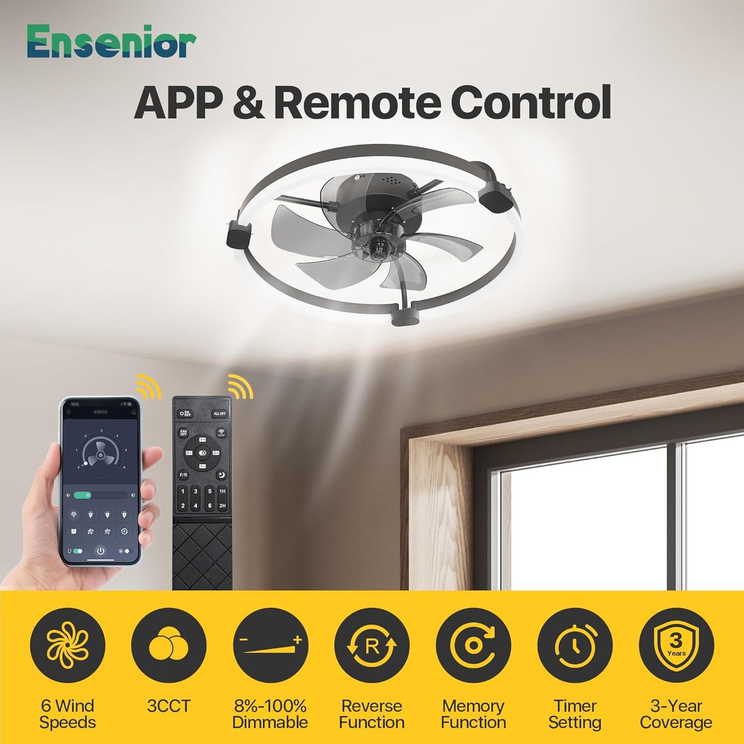 Ensenior 20'' Low Profile Ceiling Fans with Lights and Remote, Fandelier Ceiling Fan Flush Mount, APP Control, 6 Speed & 3000K-6500K Stepless Dimmable Small Ceiling Fan with Light for Bedroom - Black