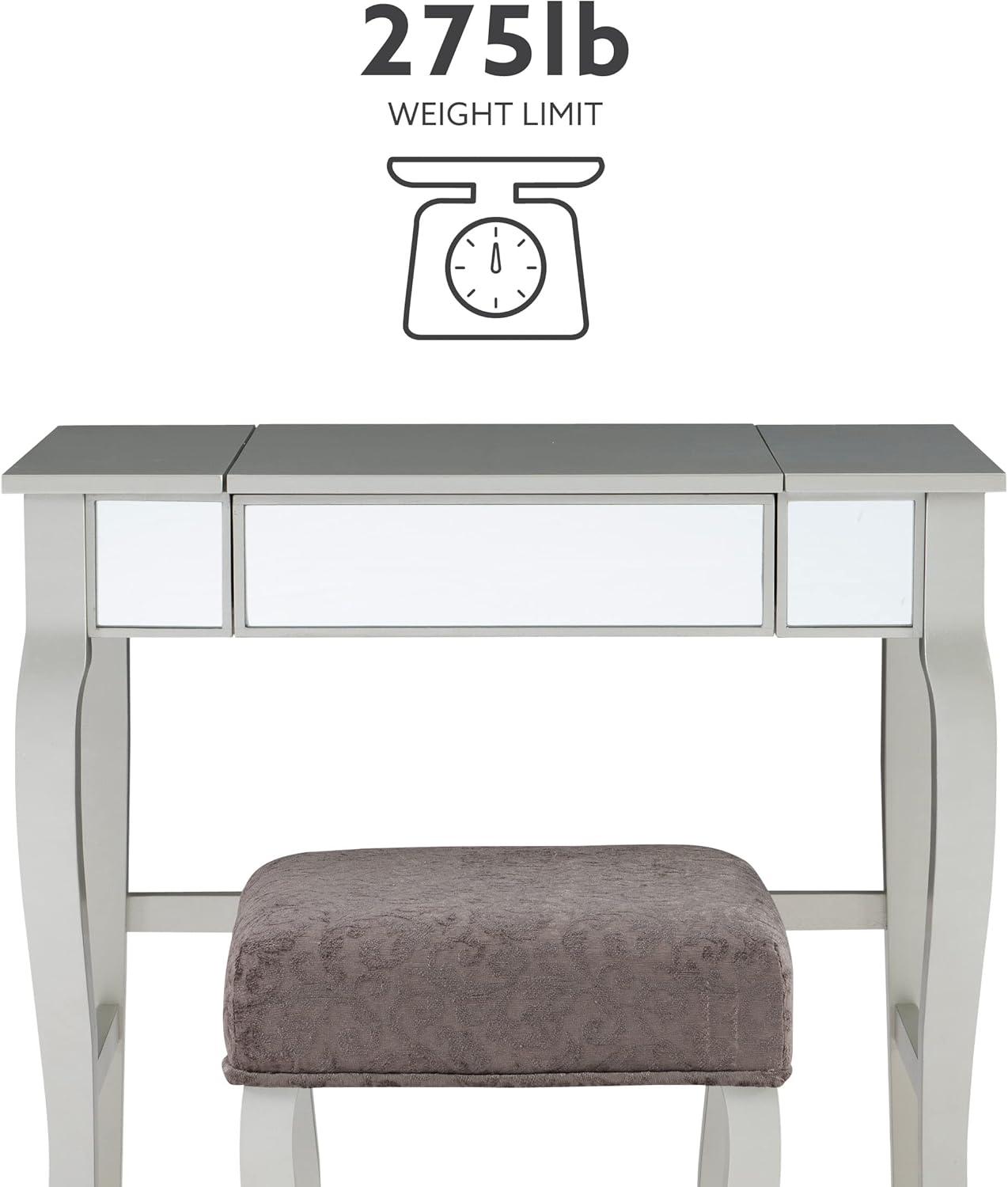 Harper Glam Flip-up Mirror Wood Vanity and Gray Upholstered Stool Mirror and Silver - Linon