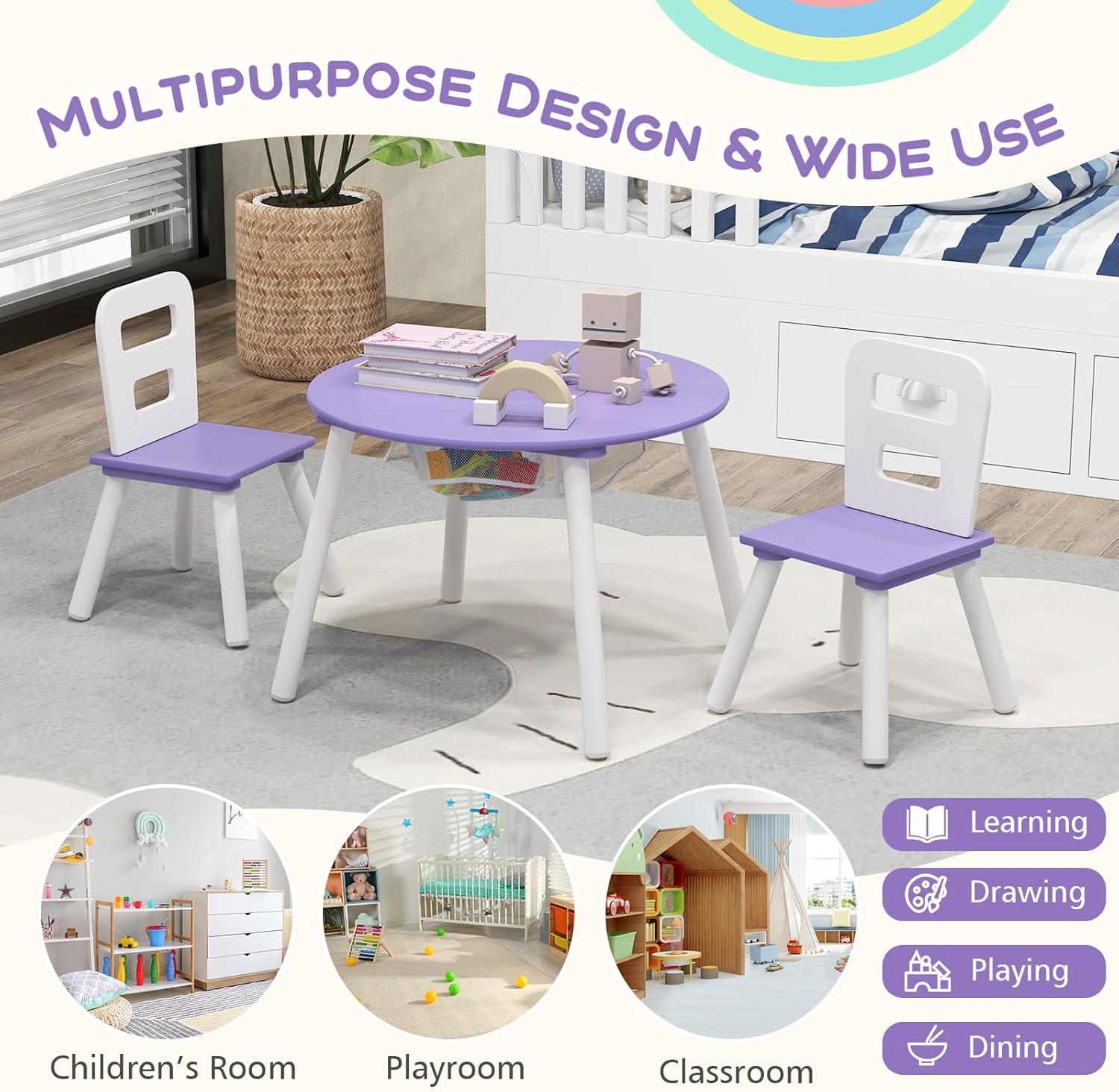 Purple Wooden Kids Table and Chair Set with Storage