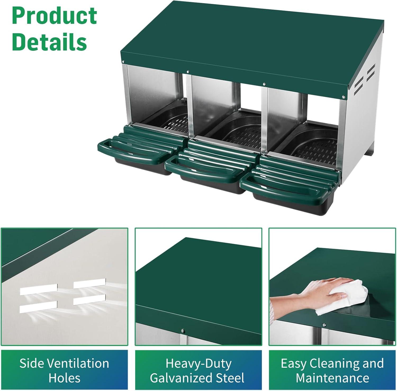 Bring Home Furniture Chicken Nesting Boxes with 3 Compartments for Laying Eggs, Galvanized Steel Hen Nesting Box with Lid Pull-Out Tray and Ventilation Design