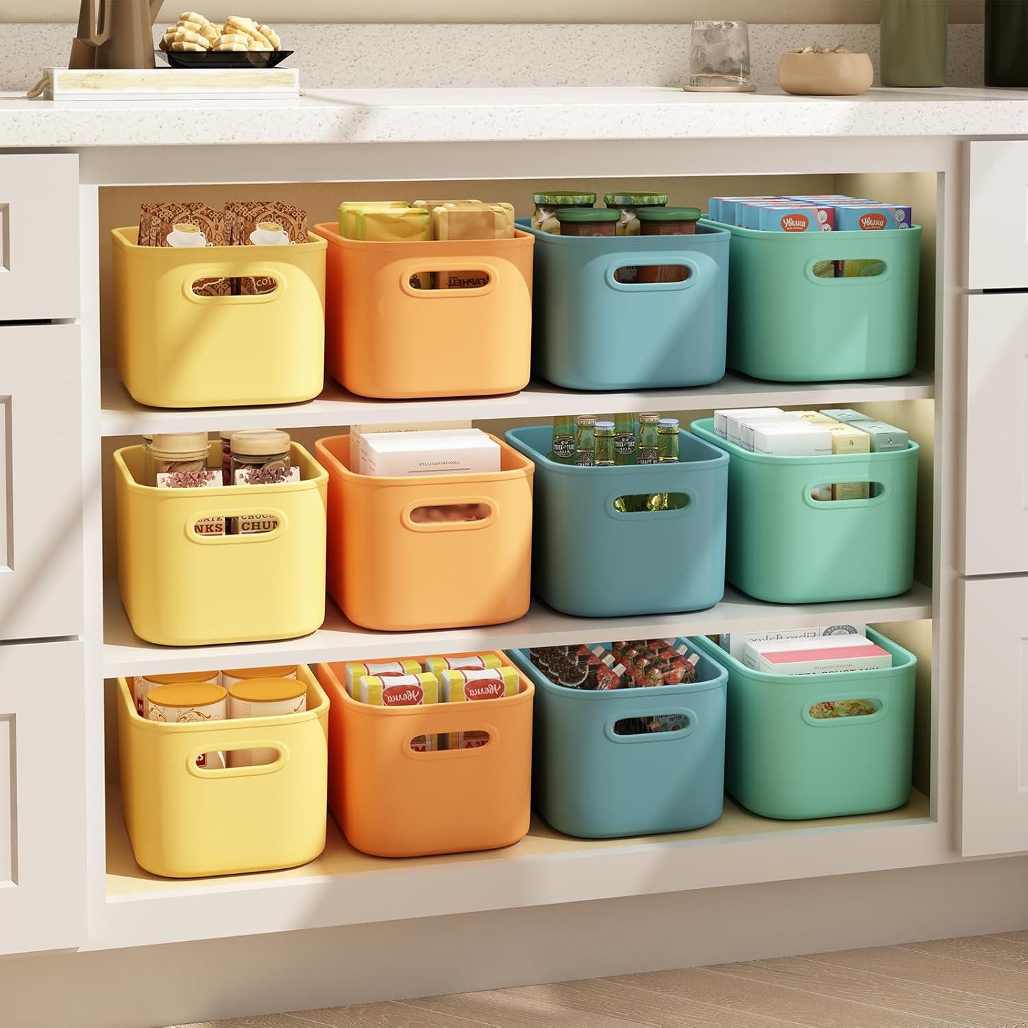 8 Pieces Colorful Storage Bins with Lid and Handle, Plastic Stackable Baskets Desktop Cube Box Cubby Bins Containers for Shelf Cabinet Bedroom Office (Multi-colored,14.2 x 10.2 x 9.5 Inch)