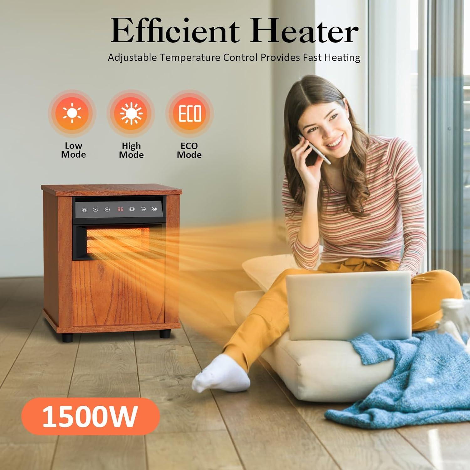 1500W Electric Infrared Quartz Heater with Remote Control in Wood Finish