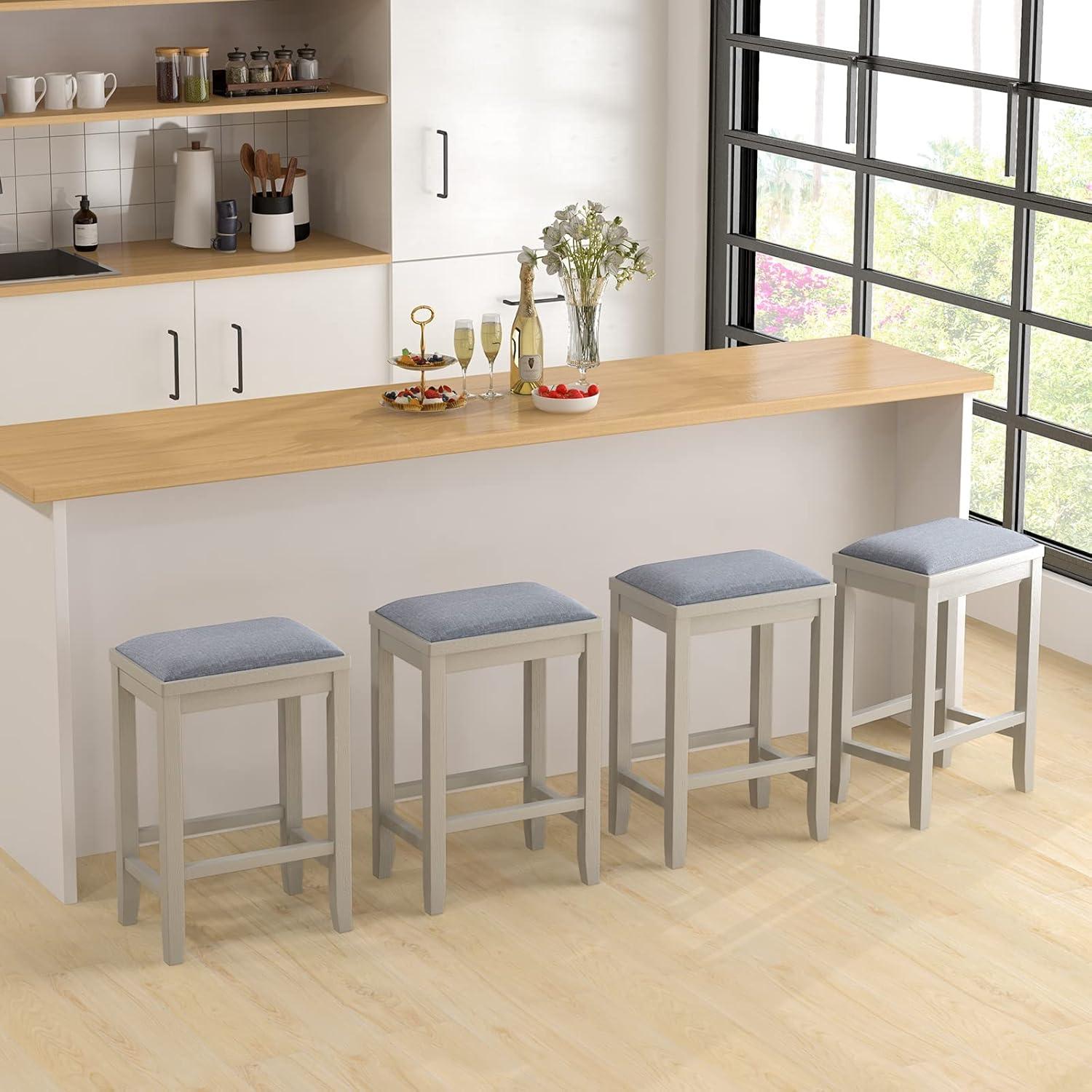 Costway Set of 2 Upholstered Bar Stools Wooden Counter Height Dining Chairs Griege