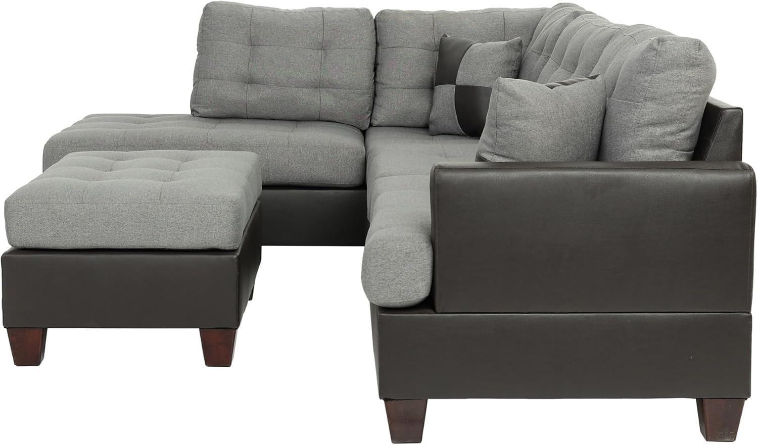 Gray Tufted Faux Leather Three Piece Sectional Sofa with Ottoman