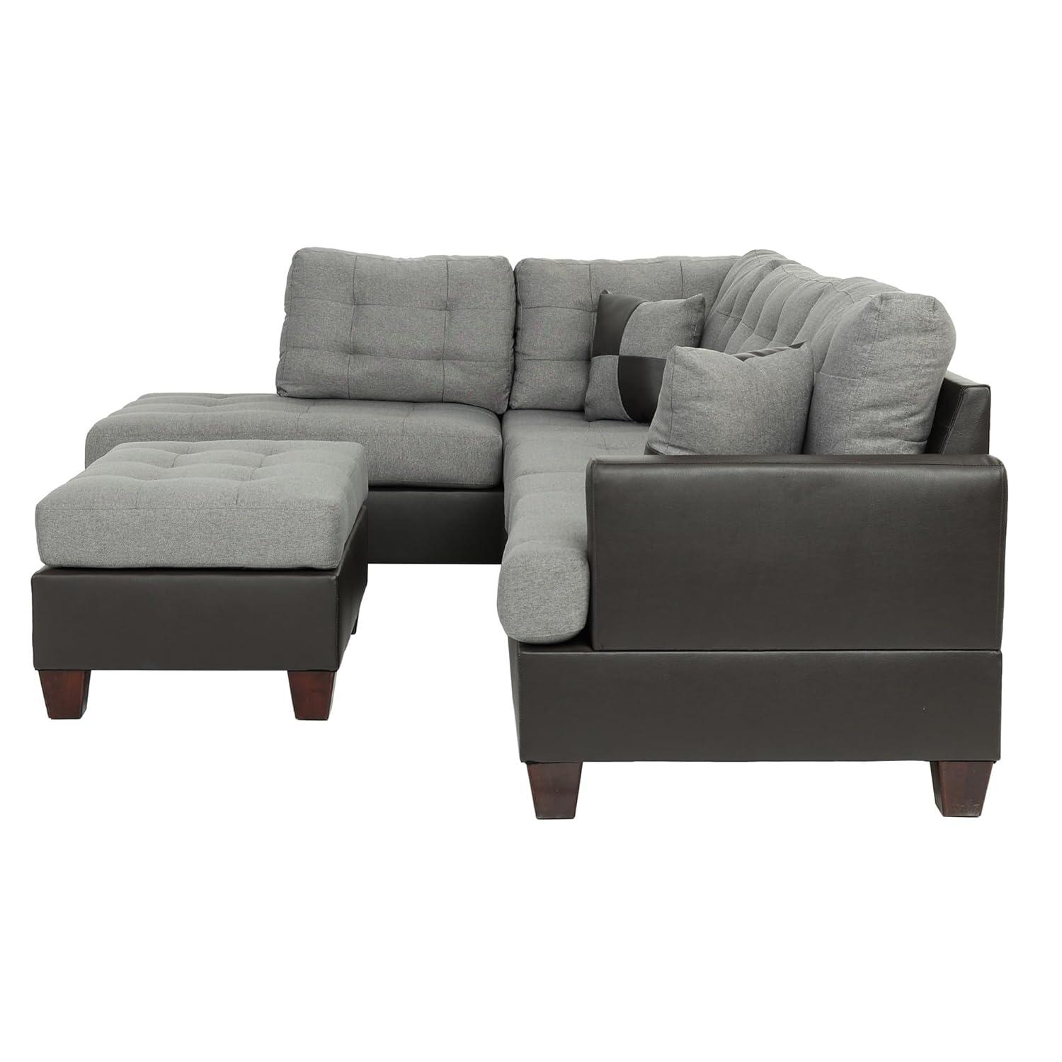 Gray Tufted Faux Leather Three Piece Sectional Sofa with Ottoman