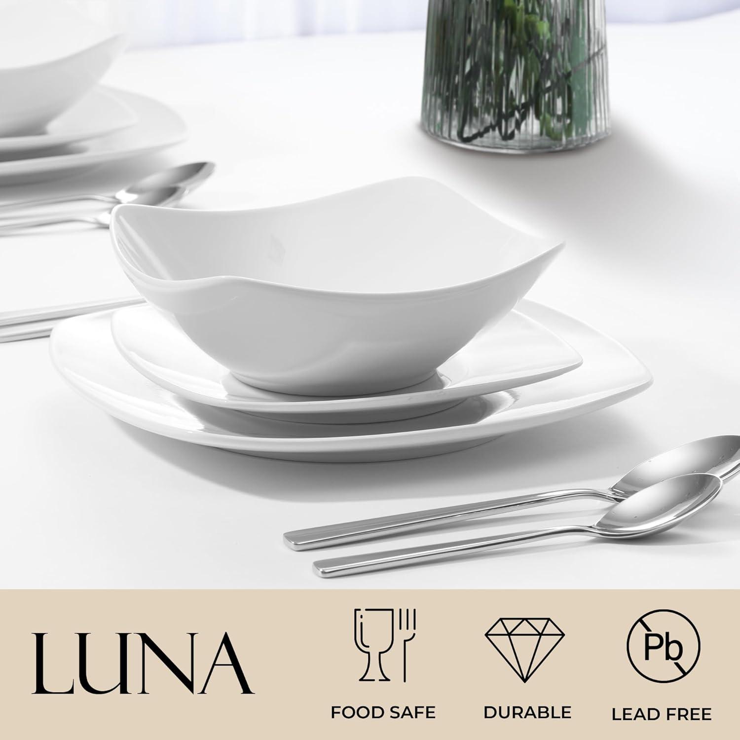 Zulay Kitchen Luna Dinnerware Set, 16 Piece Modern Porcelain Dish Set for 4, Chip and Scratch Resistant Square Plates and Bowls Sets, Microwave and Dishwasher Safe, Pearl White