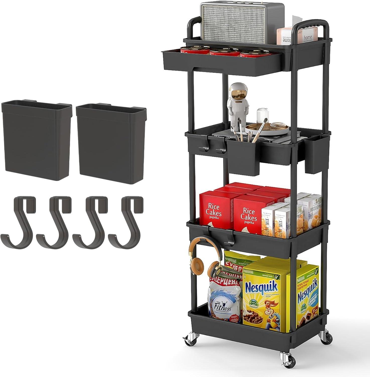 4 Tier Rolling Utility Cart with Handle,REBECAT Utility Cart Made of Multifunctional Storage Organizer Tool for Kitchen,Bathroom,Living Room,Office(Black)