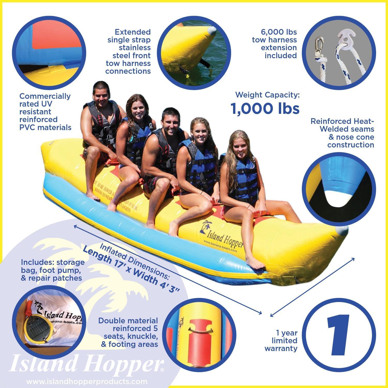 Island Hopper Heavy Recreational 5 Passenger Banana Boat, Yellow, Inflatable Water Sports Equipment, 18ft