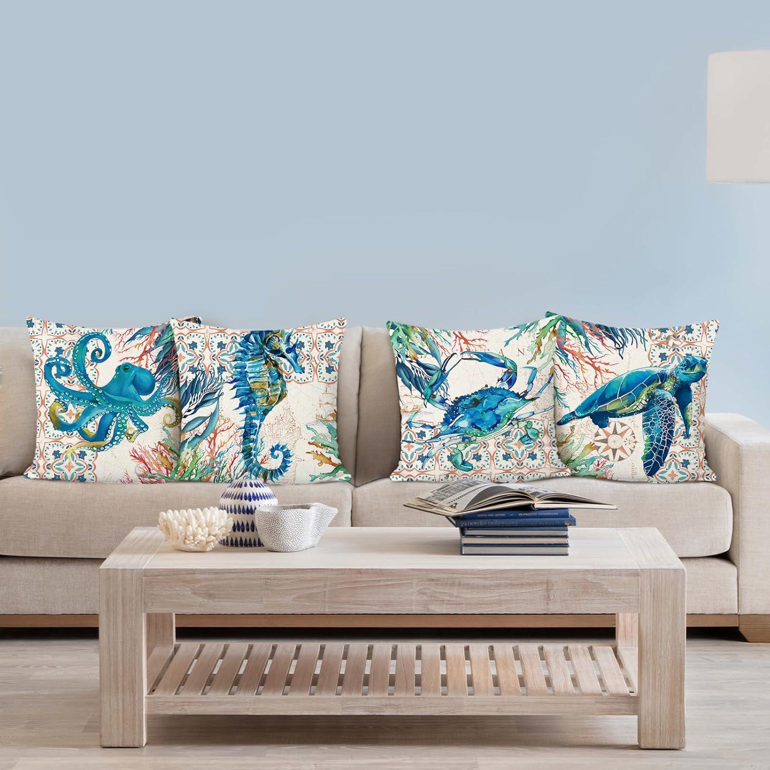 Bonhause Nautical Coastal Ocean Throw Pillow Covers 18 x 18 Inch Set of 4 Sea Turtle Seahorse Octopus Outdoor Decorative Pillow Cases Polyester Linen Cushion Covers for Sofa Couch Bedroom Home Décor