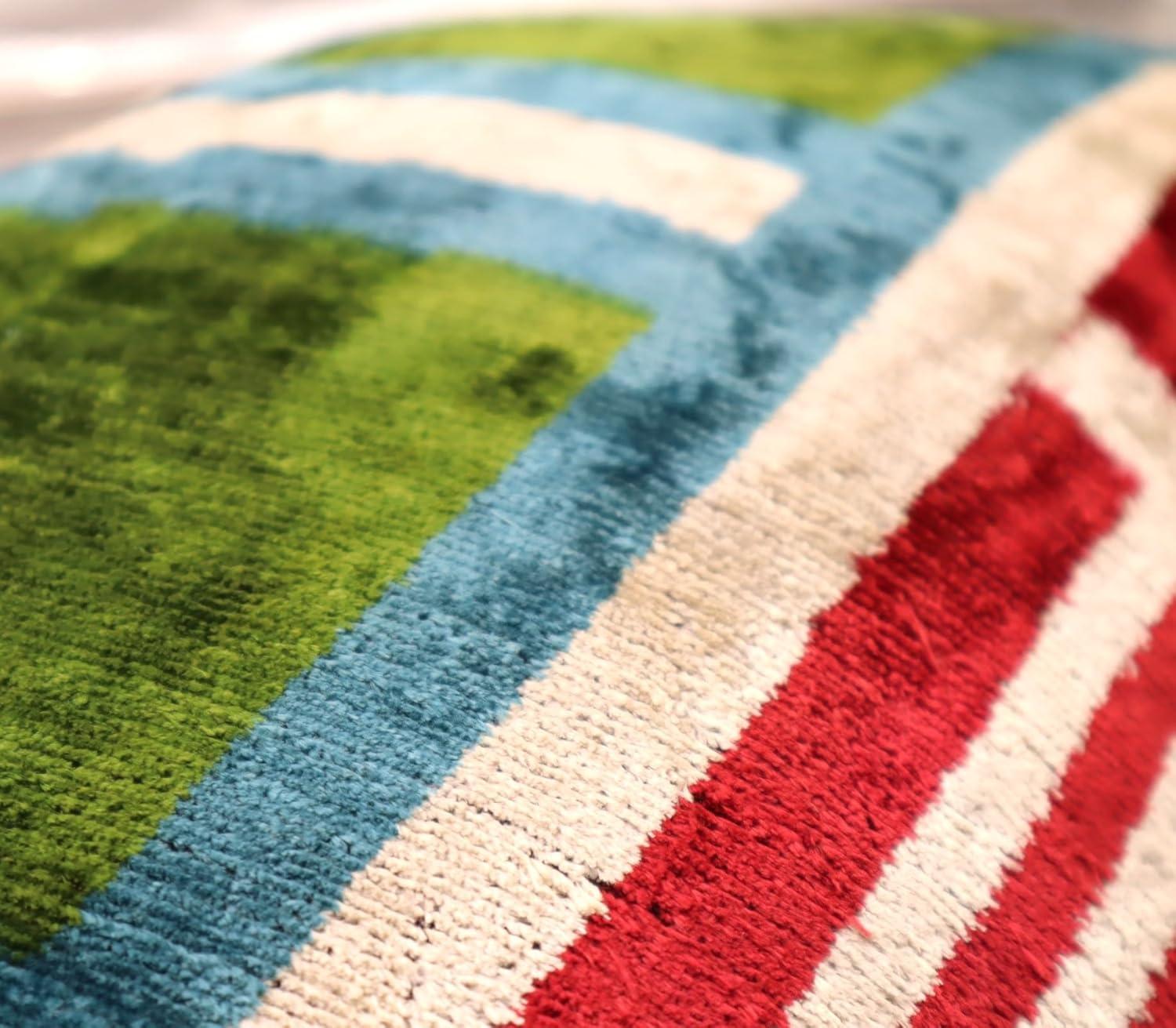 Handmade Luxury Velvet Throw Pillow with Down Feather Insert, 16"x24", Red, Green, Blue, and Cream Geometric Pattern, Decorative Cushion for Living Room, Bedroom, and Home Décor