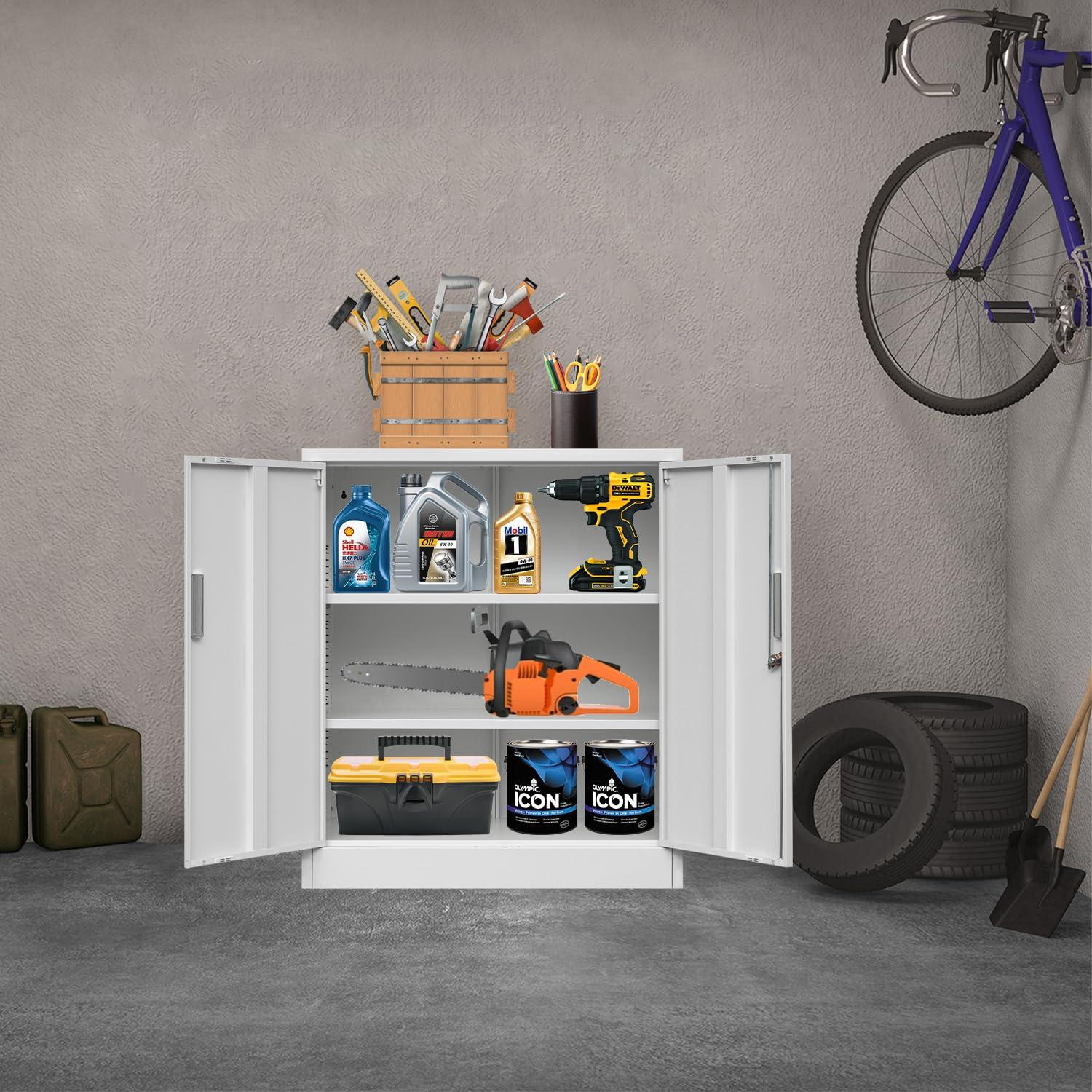 Metal Storage Cabinets with Shelves and Doors, Sideboard Buffet Cabinet for Kitchen, Entryway, Living Room, Home Office, Garage, Utility Room and Basement, 36.2" H x 31.5" W x 15.7" D (White)