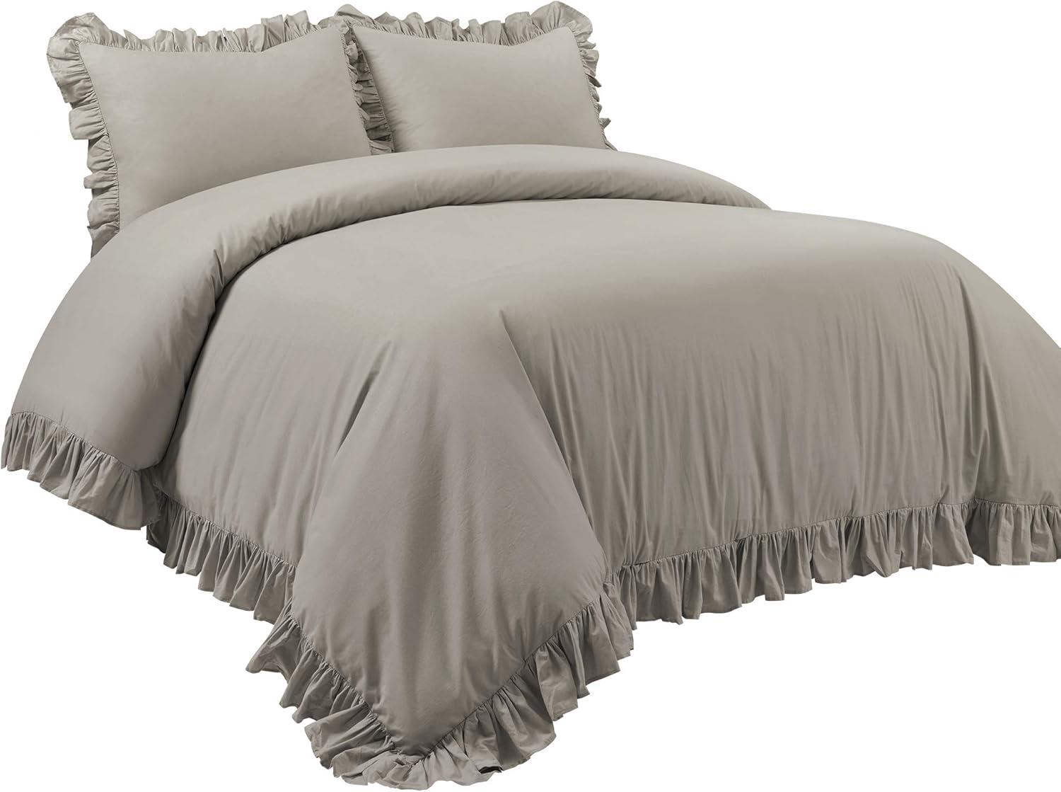 King Gray Cotton Ruffled Duvet Cover Set