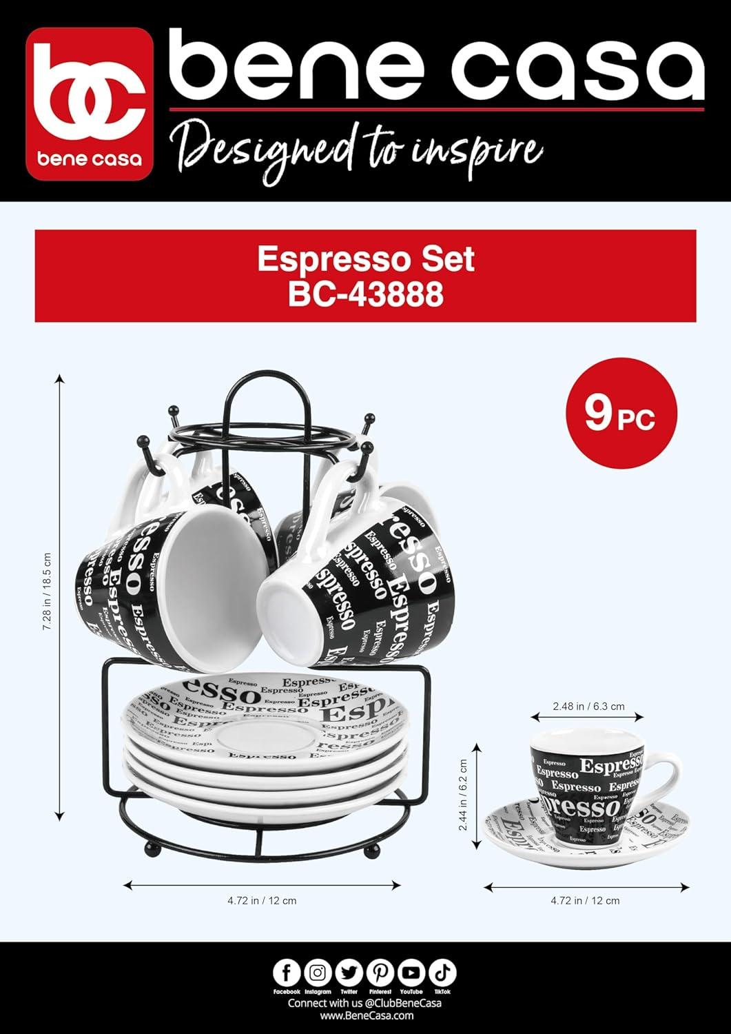 Bene Casa Porcelain 9 Piece Espresso Set with Iron Stand