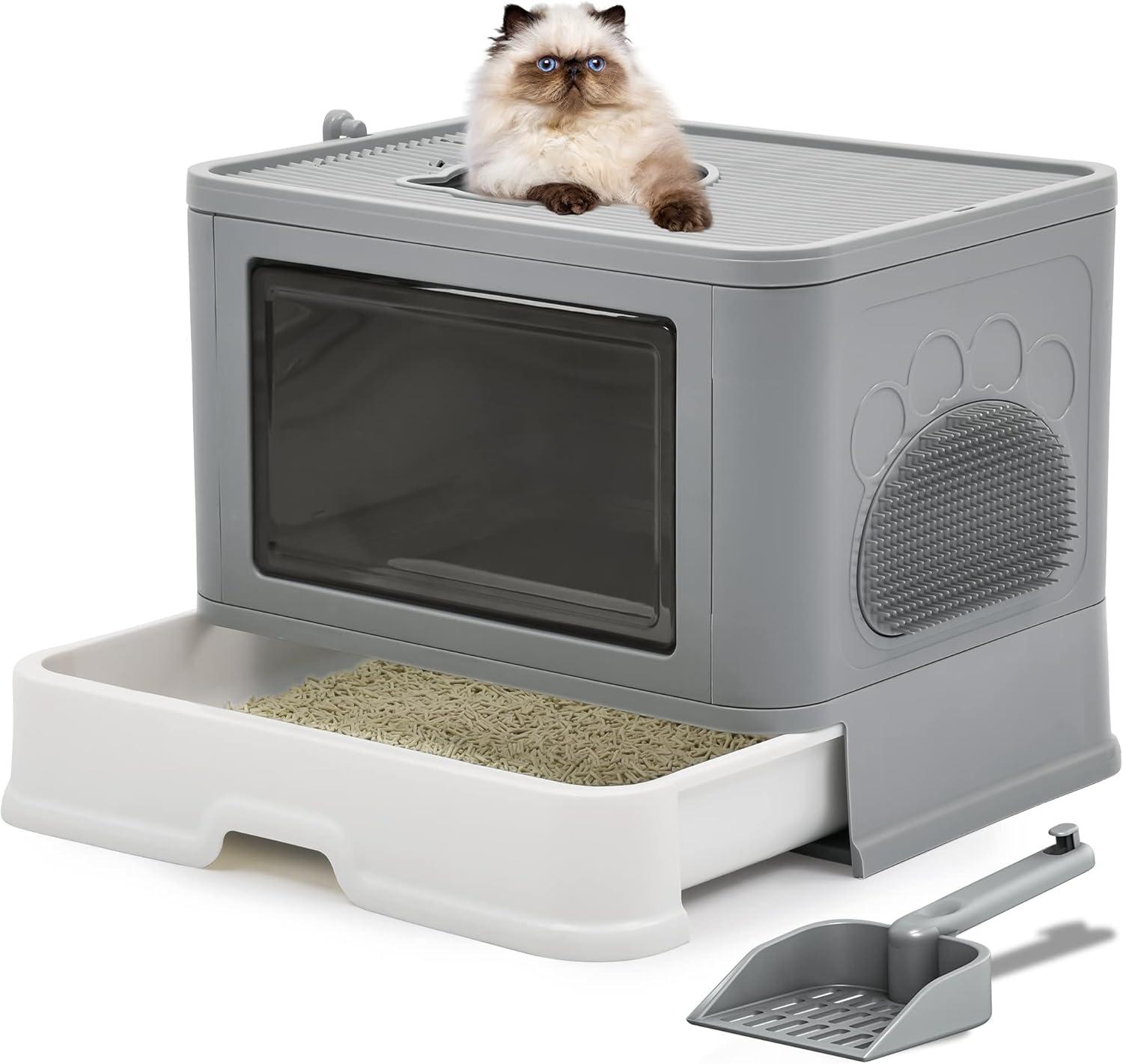 HiiKaa Large Enclosed Cat Litter Box with Lid Cover,Hooded Odorless Cat Toilet with Litter Scoop Cat Self Groomer Deodorizer Filter Front Entry Top Exit Door Gray