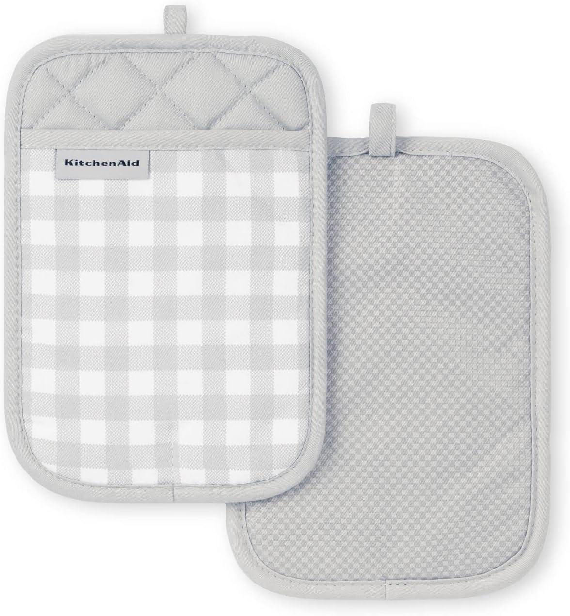 Matte Grey Gingham Silicone Cotton Pot Holder Set